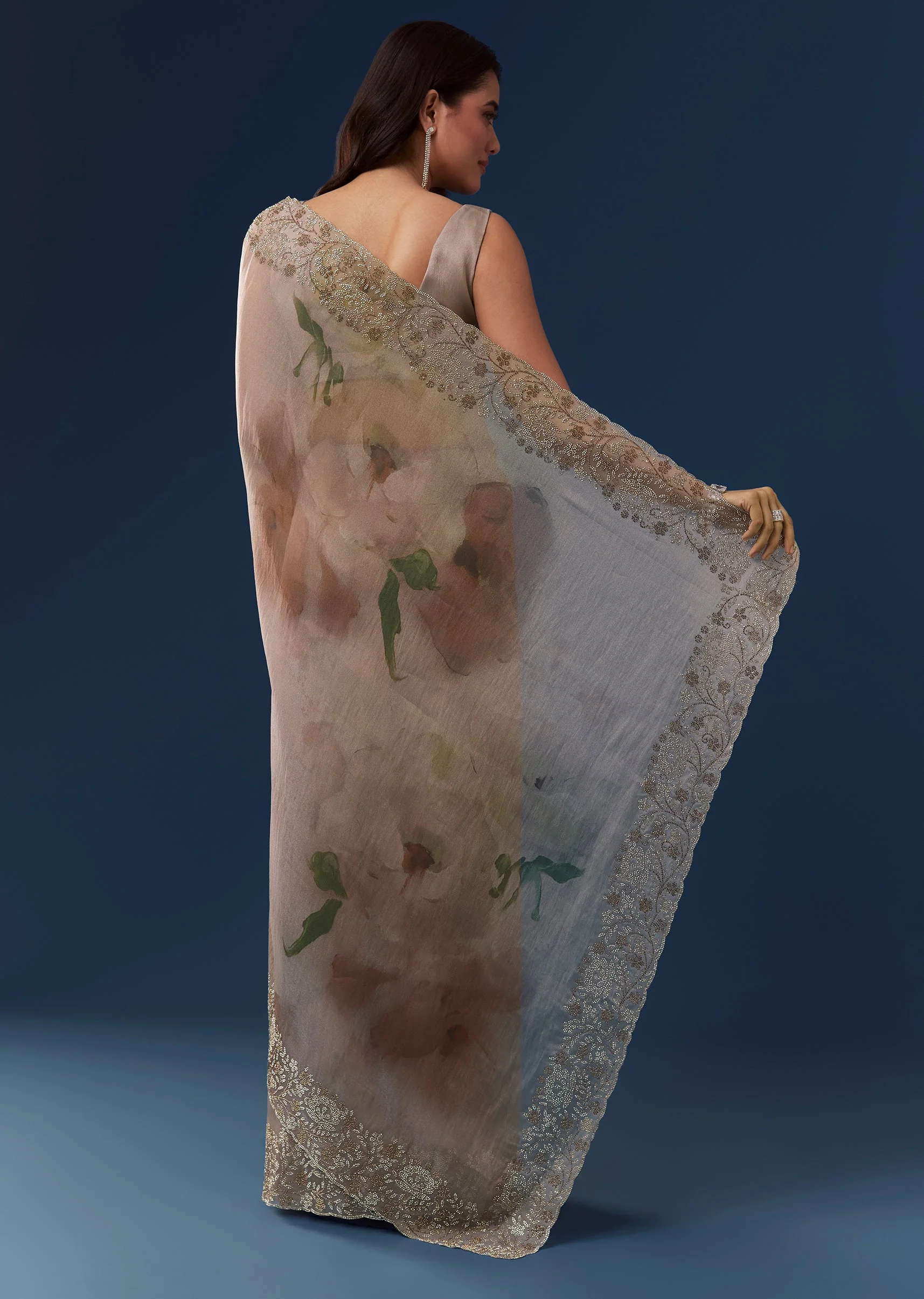 Grey Floral Printed Tissue Saree With Stone Embellished Border - Image 4
