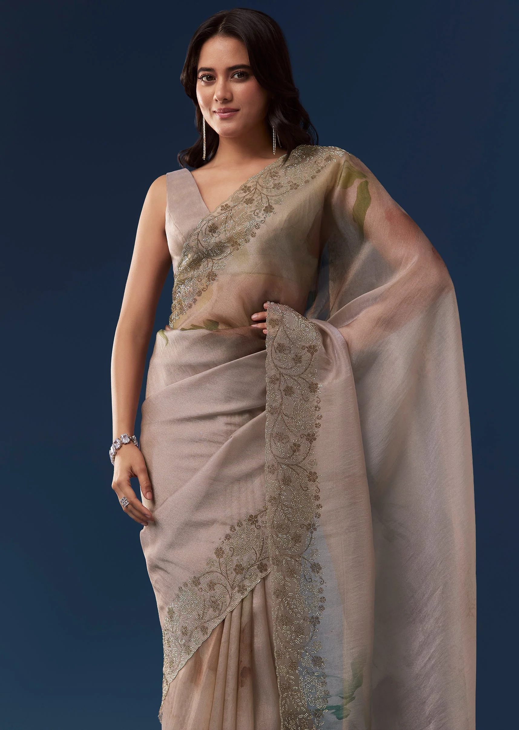 Grey Floral Printed Tissue Saree With Stone Embellished Border - Image 5
