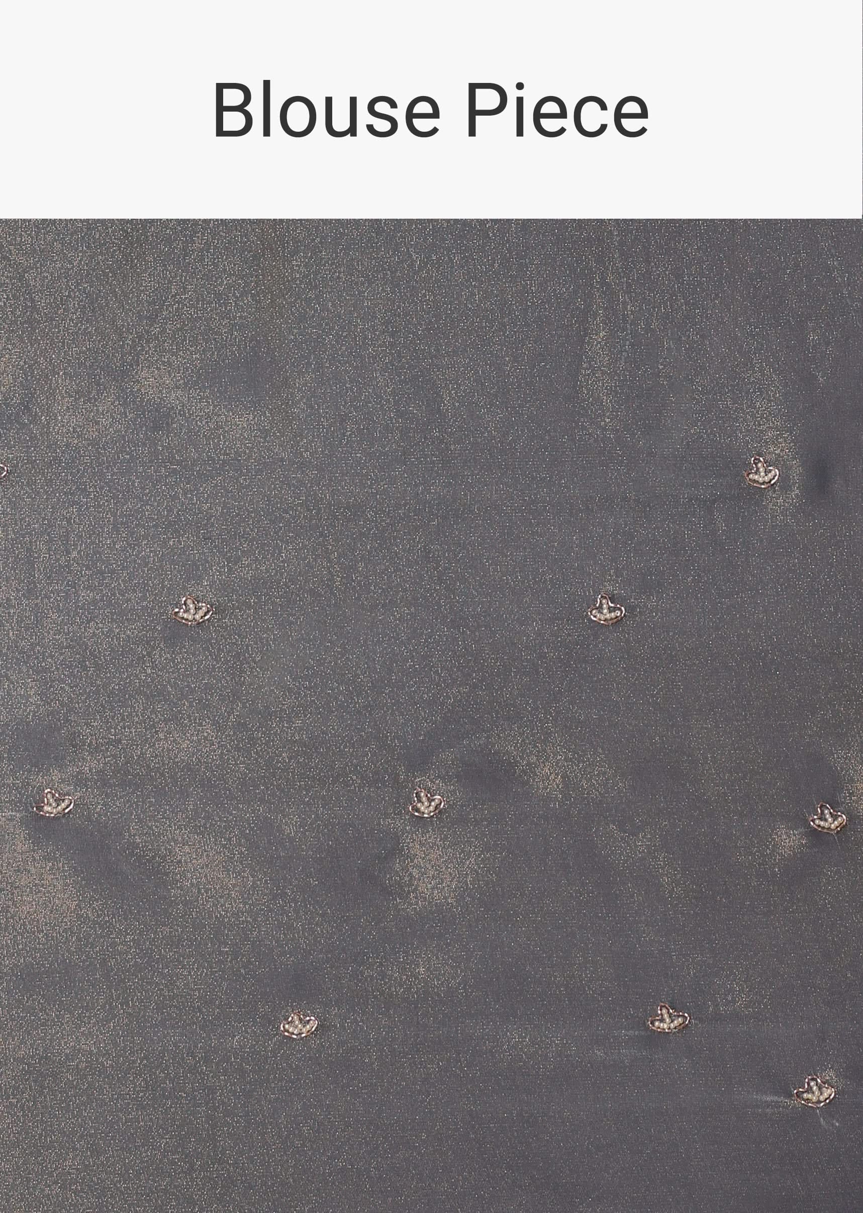 Grey Glass Tissue Saree With Mirror Work Border And Unstitched Blouse Piece - Image 10