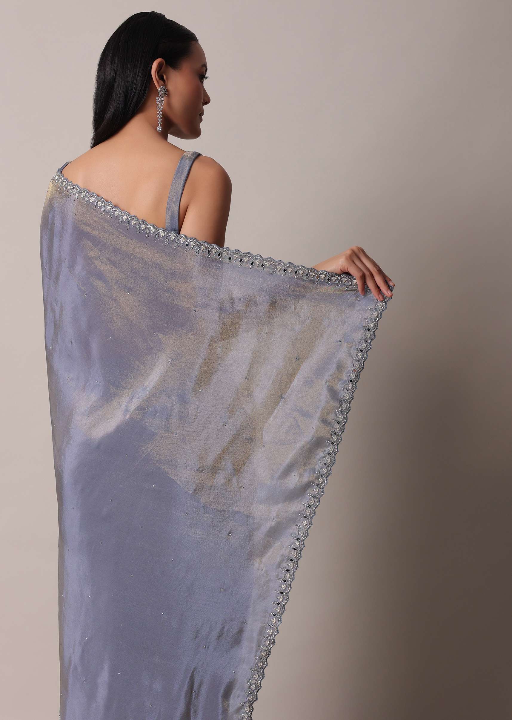 Grey Glass Tissue Saree With Mirror Work Border And Unstitched Blouse Piece - Image 6