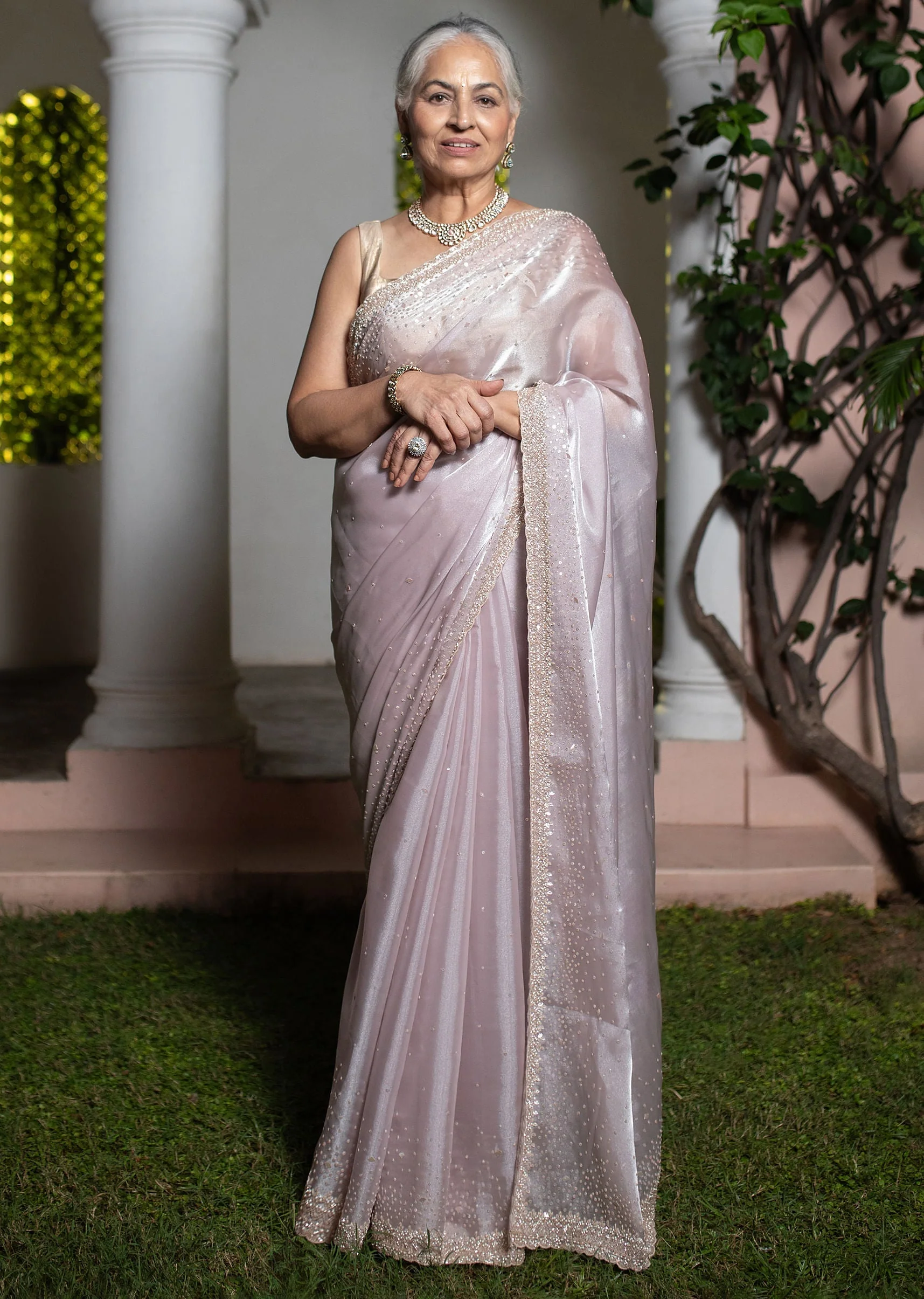 Grey Glass Tissue Silk Cutdana Work Saree With Embellished Scallop Border - Image 10