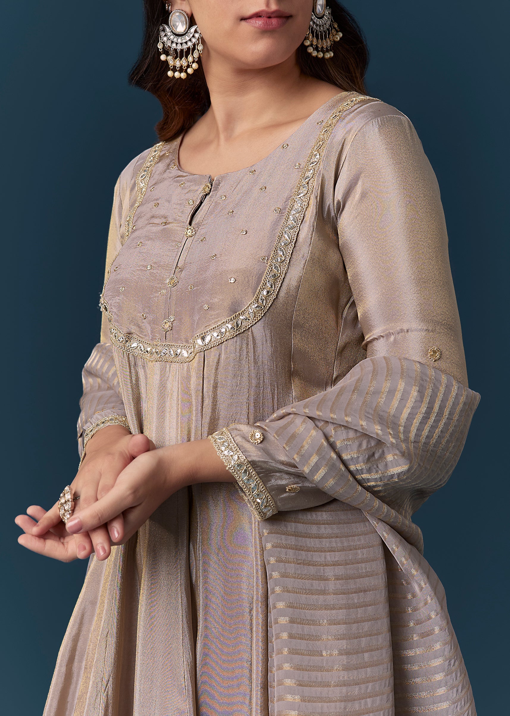 Grey Gotta Lace Tissue Anarkali Suit Set With Pant And Dupatta - Image 2