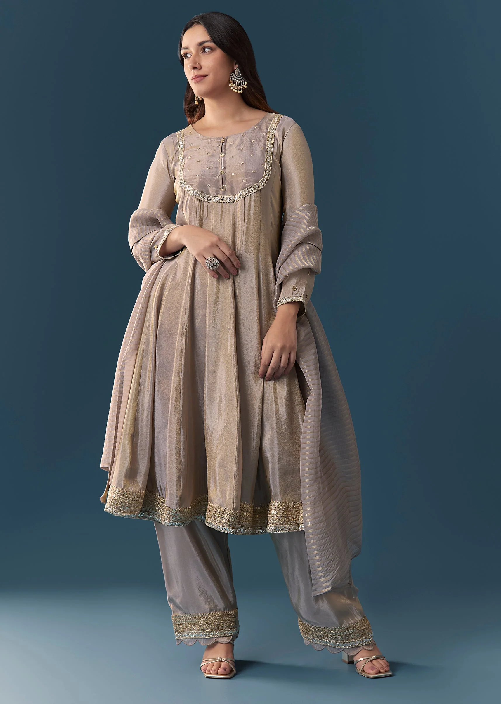 Grey Gotta Lace Tissue Anarkali Suit Set With Pant And Dupatta - Image 3
