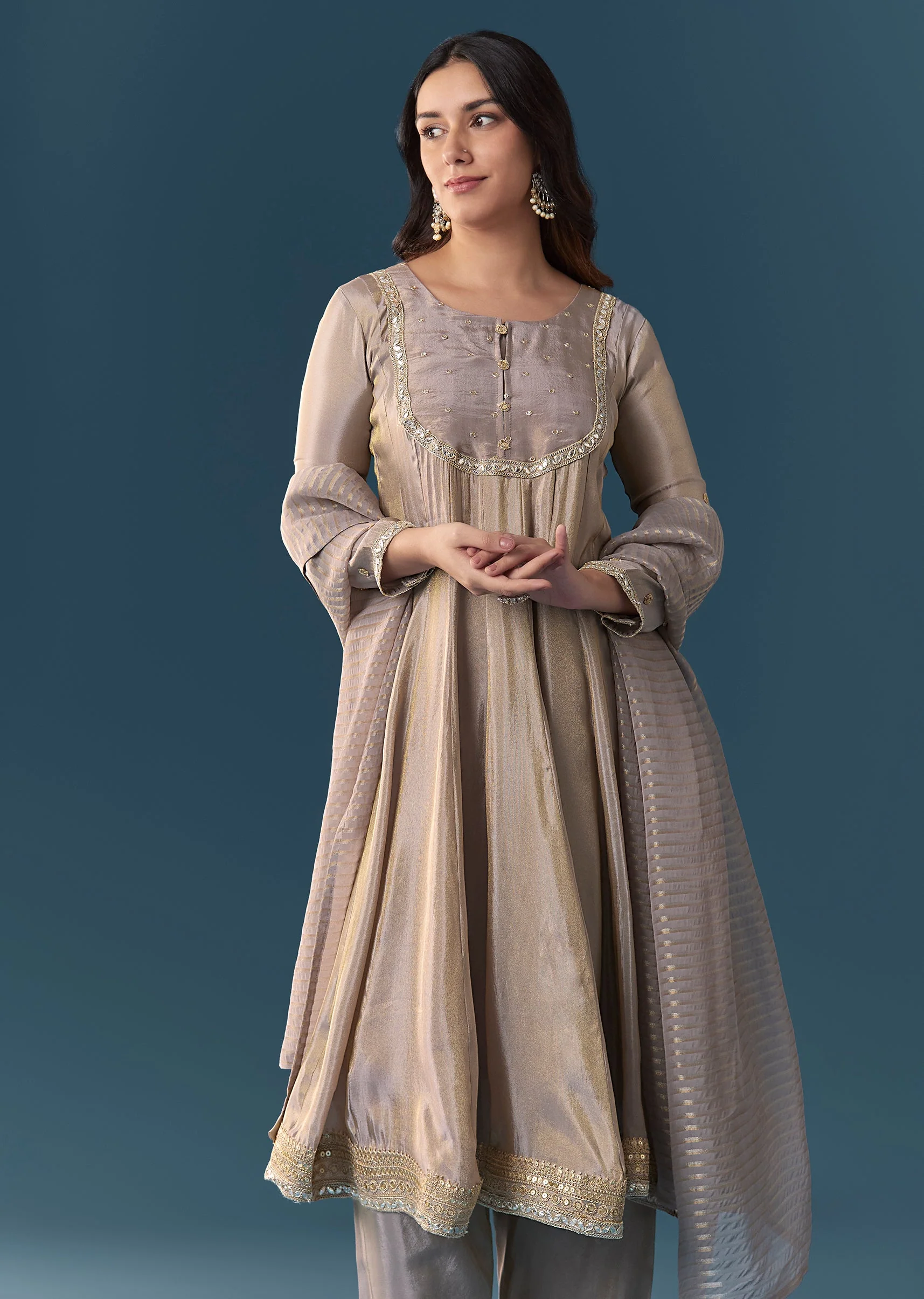 Grey Gotta Lace Tissue Anarkali Suit Set With Pant And Dupatta - Image 4