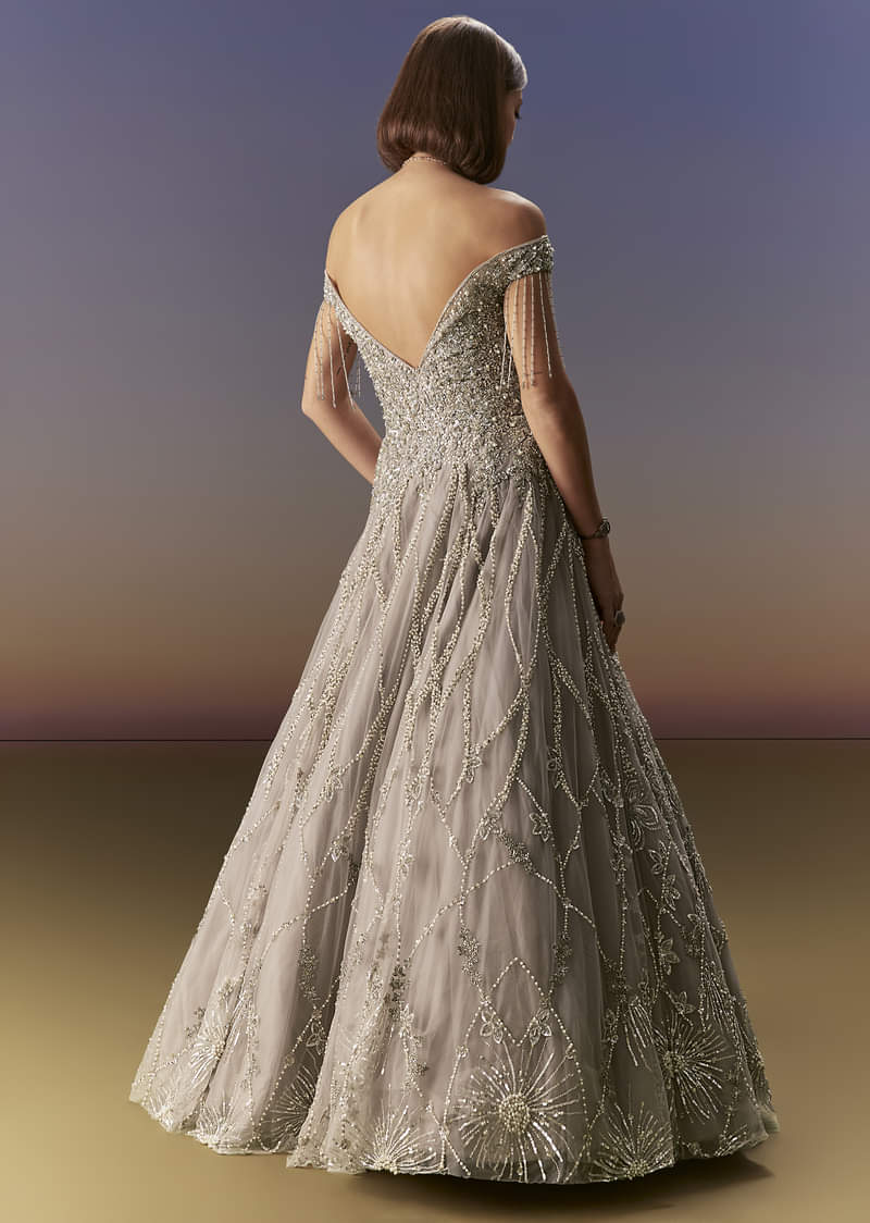 Grey Gown Off Shoulder With Silver Embroidery - Image 2
