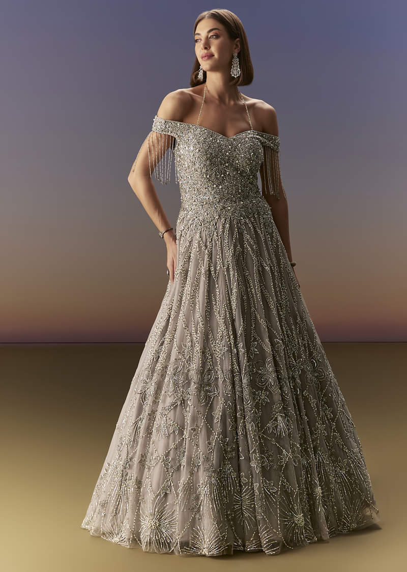 Grey Gown Off Shoulder With Silver Embroidery - Image 4
