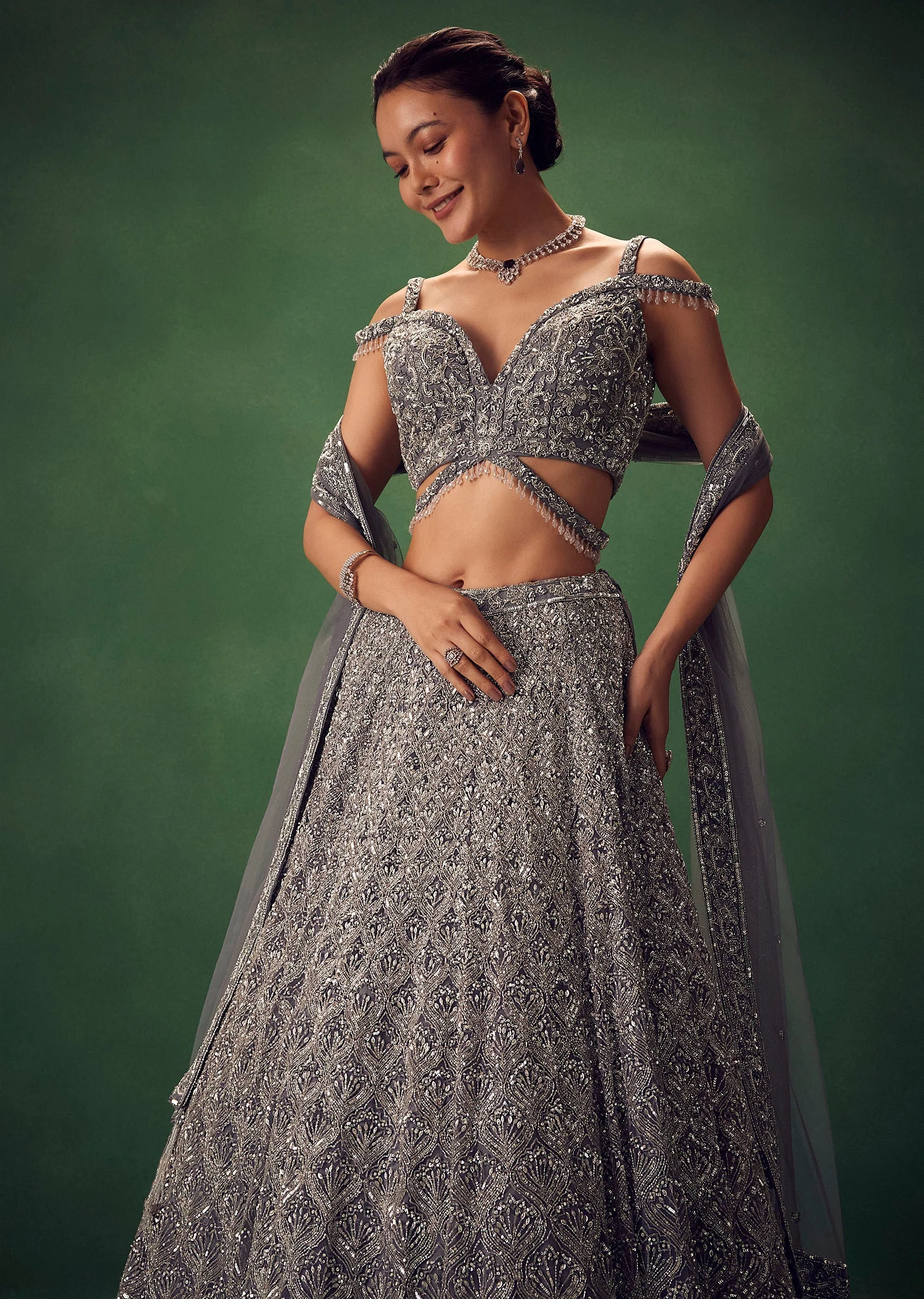 Grey Hand Embroidered Sequin Work Lehenga Set - Image 2
