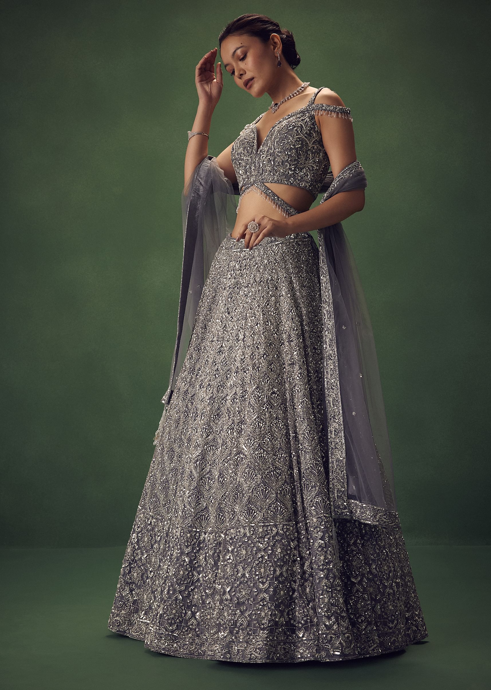 Grey Hand Embroidered Sequin Work Lehenga Set - Image 3