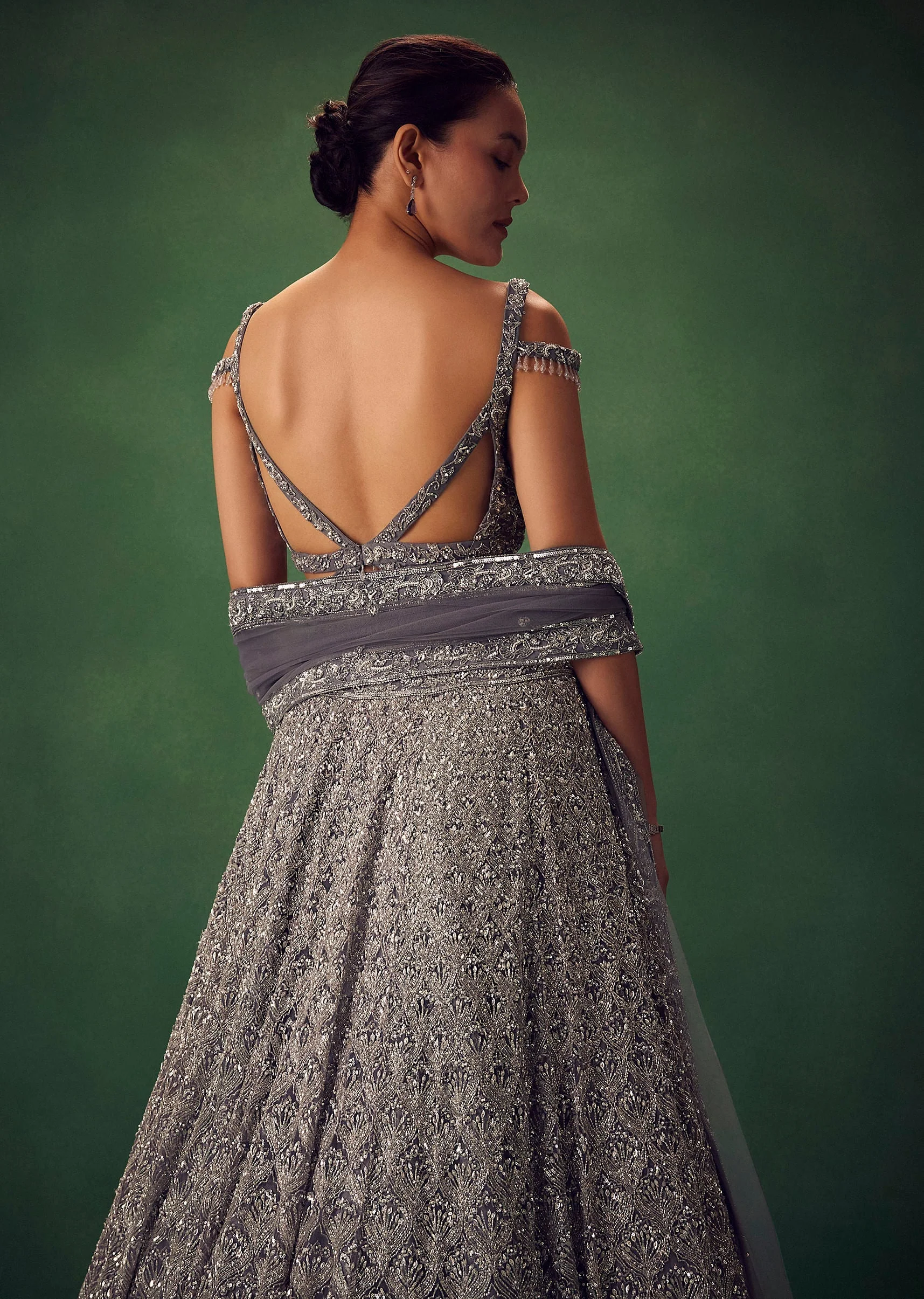Grey Hand Embroidered Sequin Work Lehenga Set - Image 4