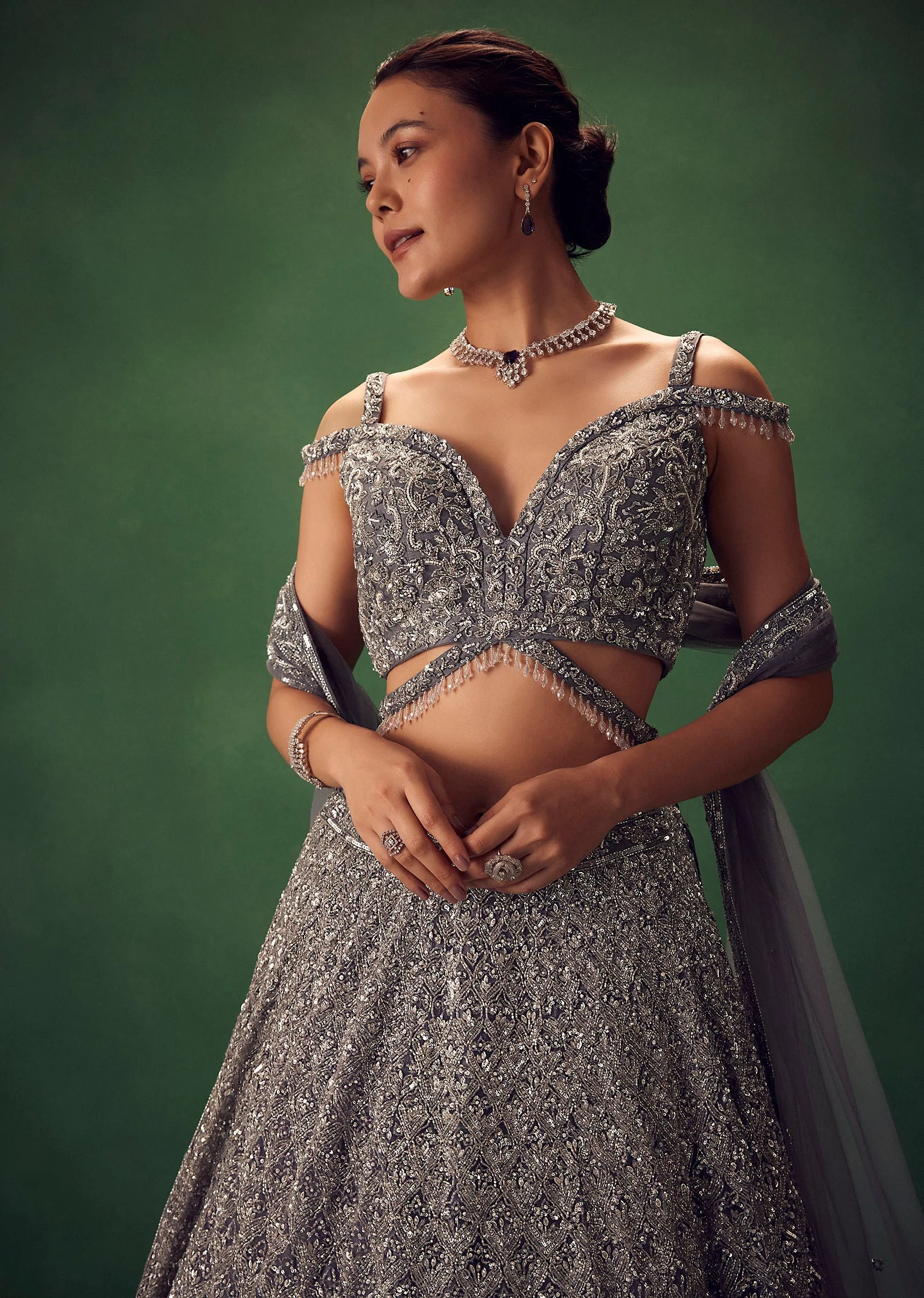 Grey Hand Embroidered Sequin Work Lehenga Set - Image 5