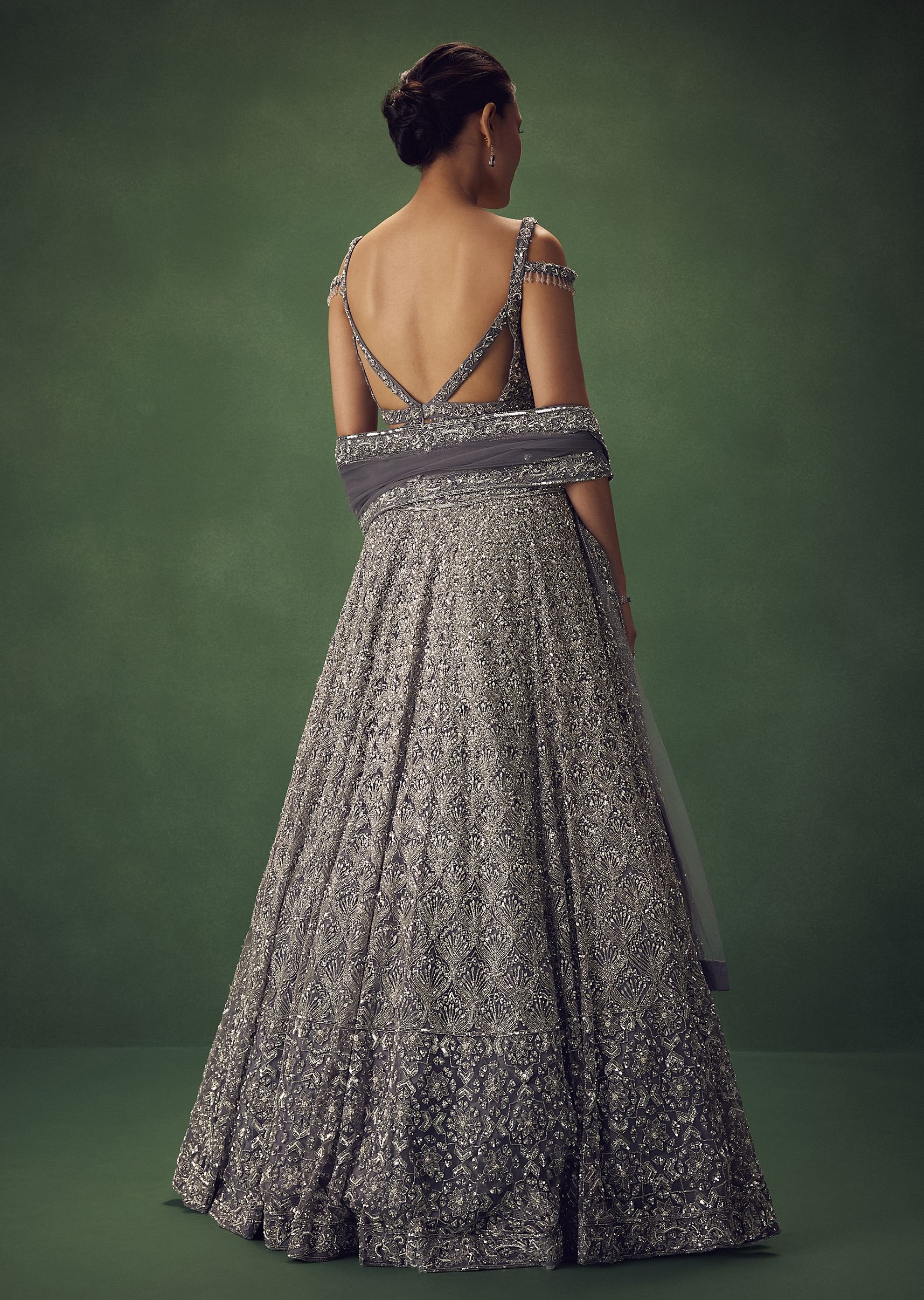 Grey Hand Embroidered Sequin Work Lehenga Set - Image 6