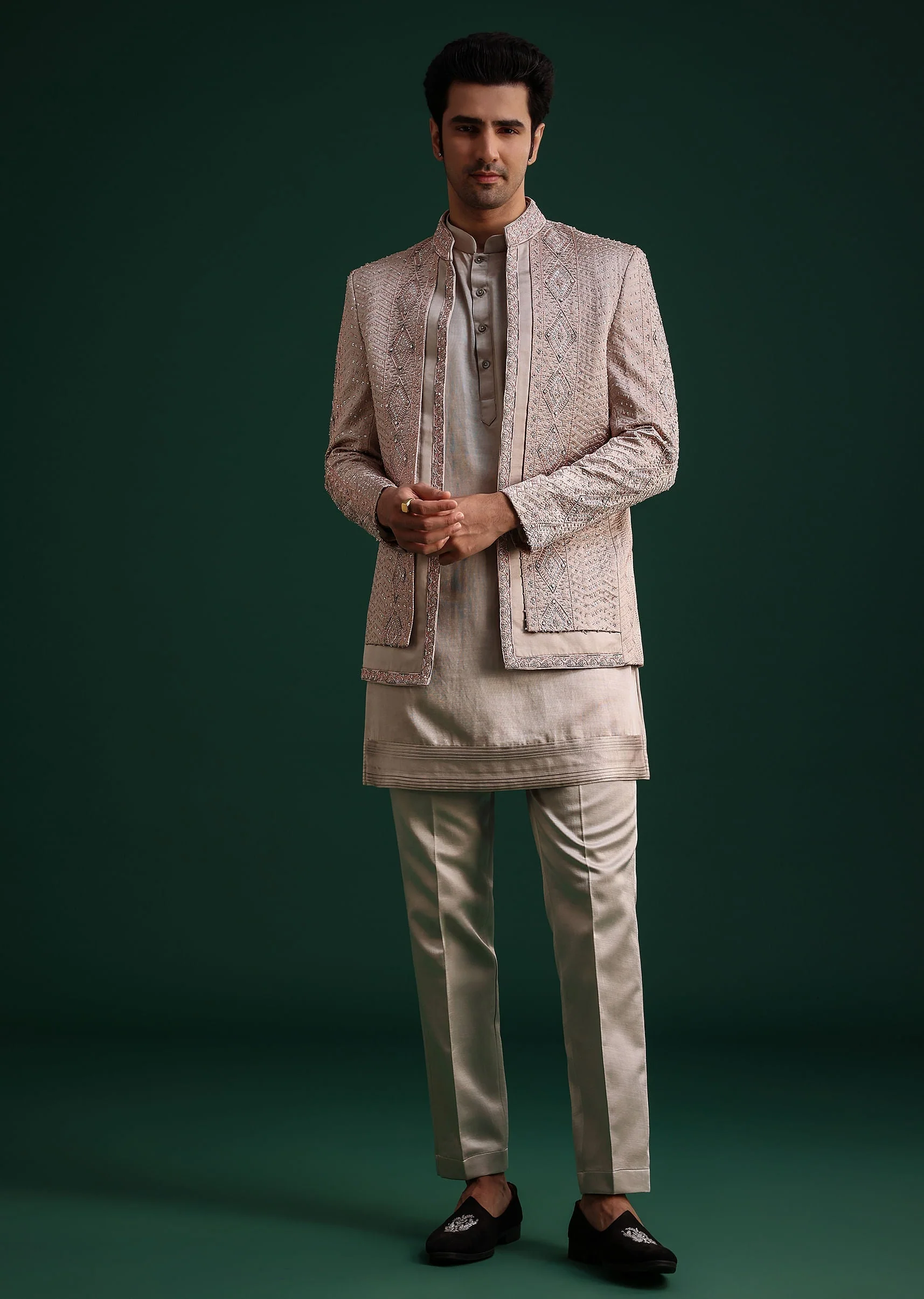 Grey Hand Work Jacket Kurta Set - Image 2