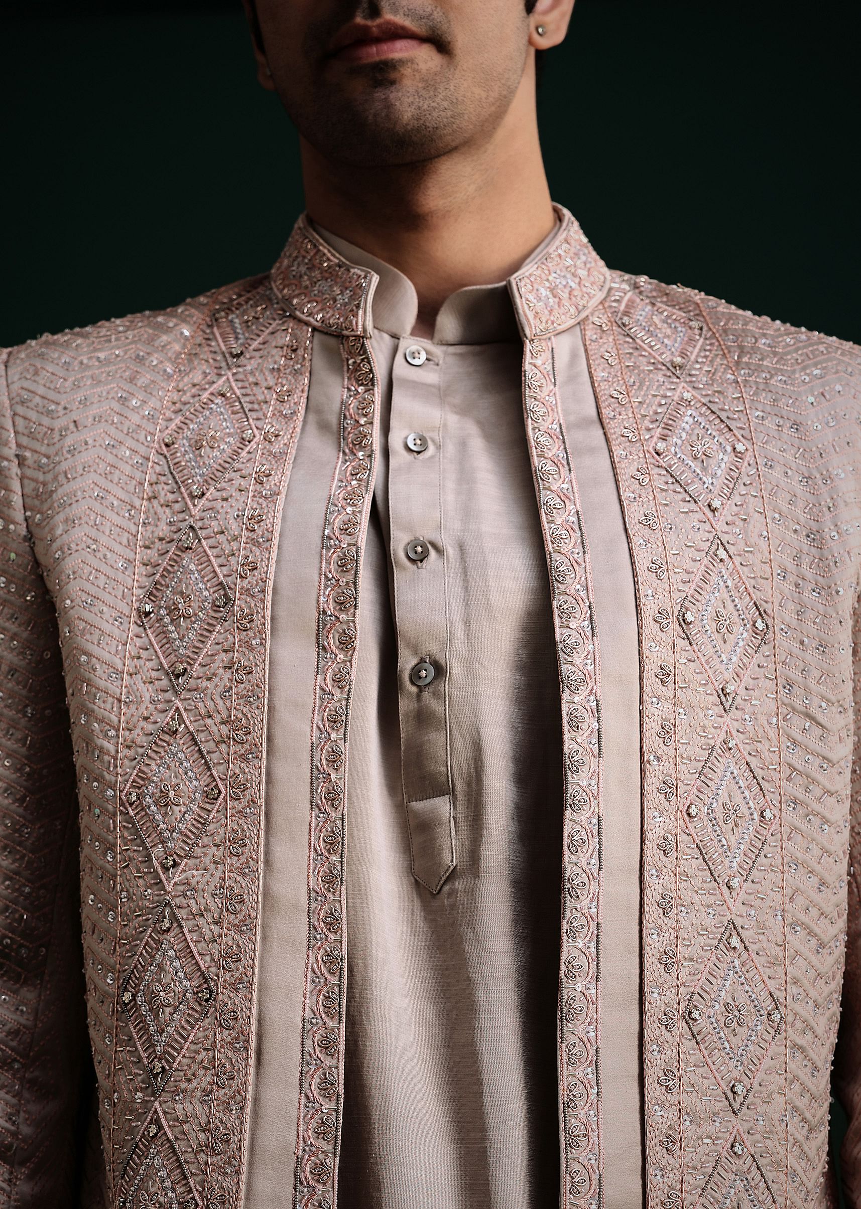 Grey Hand Work Jacket Kurta Set - Image 3