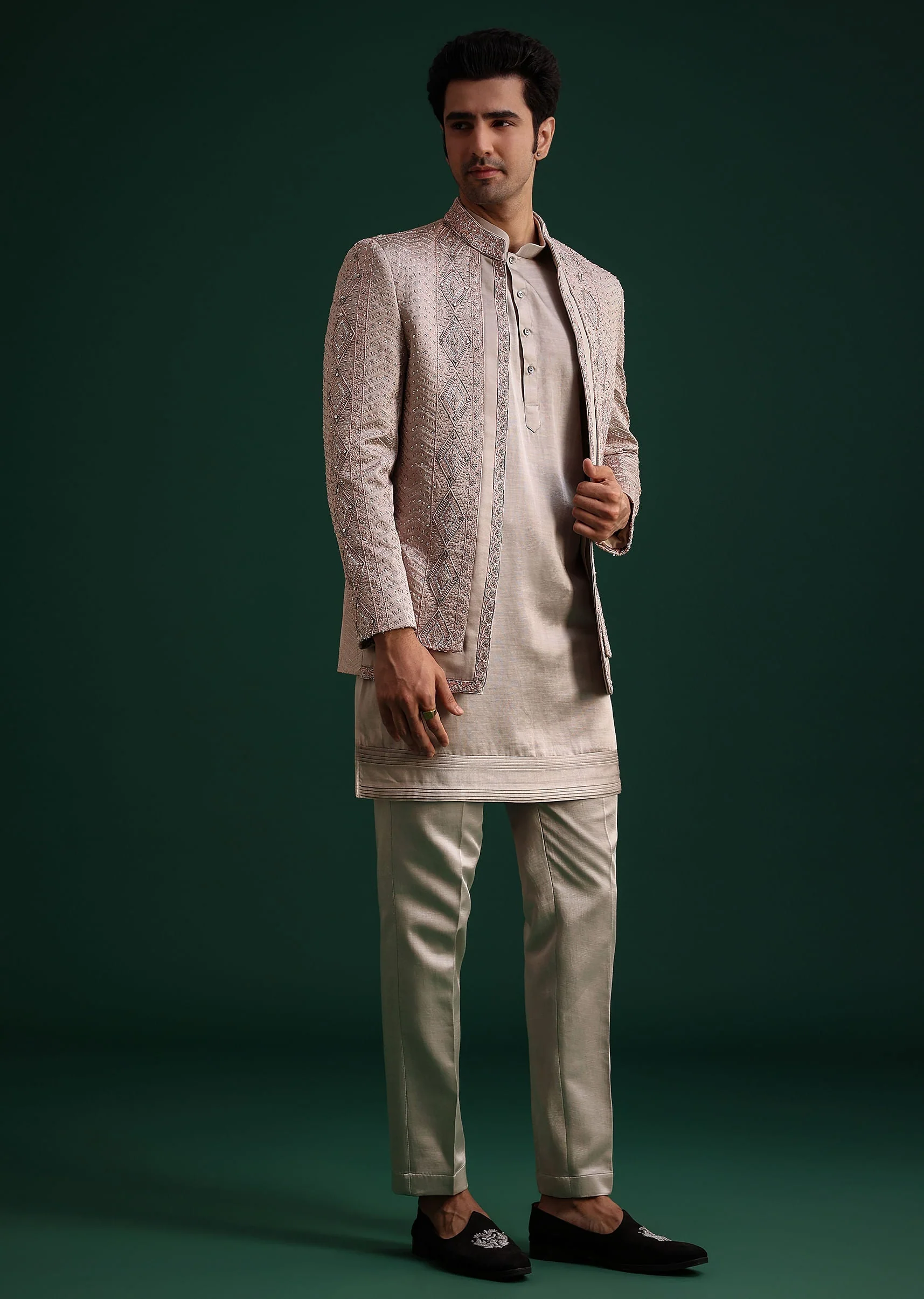 Grey Hand Work Jacket Kurta Set - Image 4