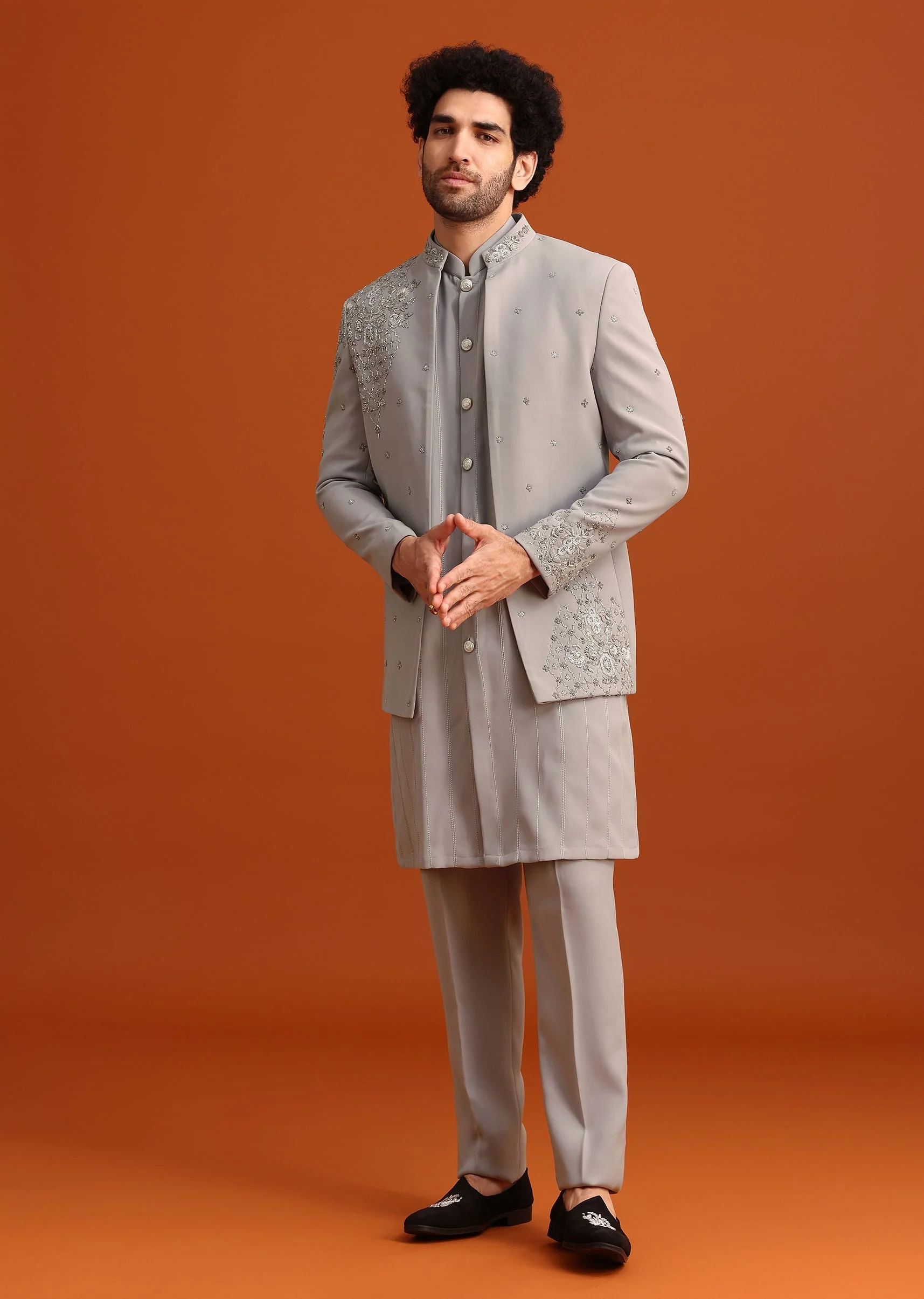 Grey Indo Western Jacket And Kurta Set - Image 4
