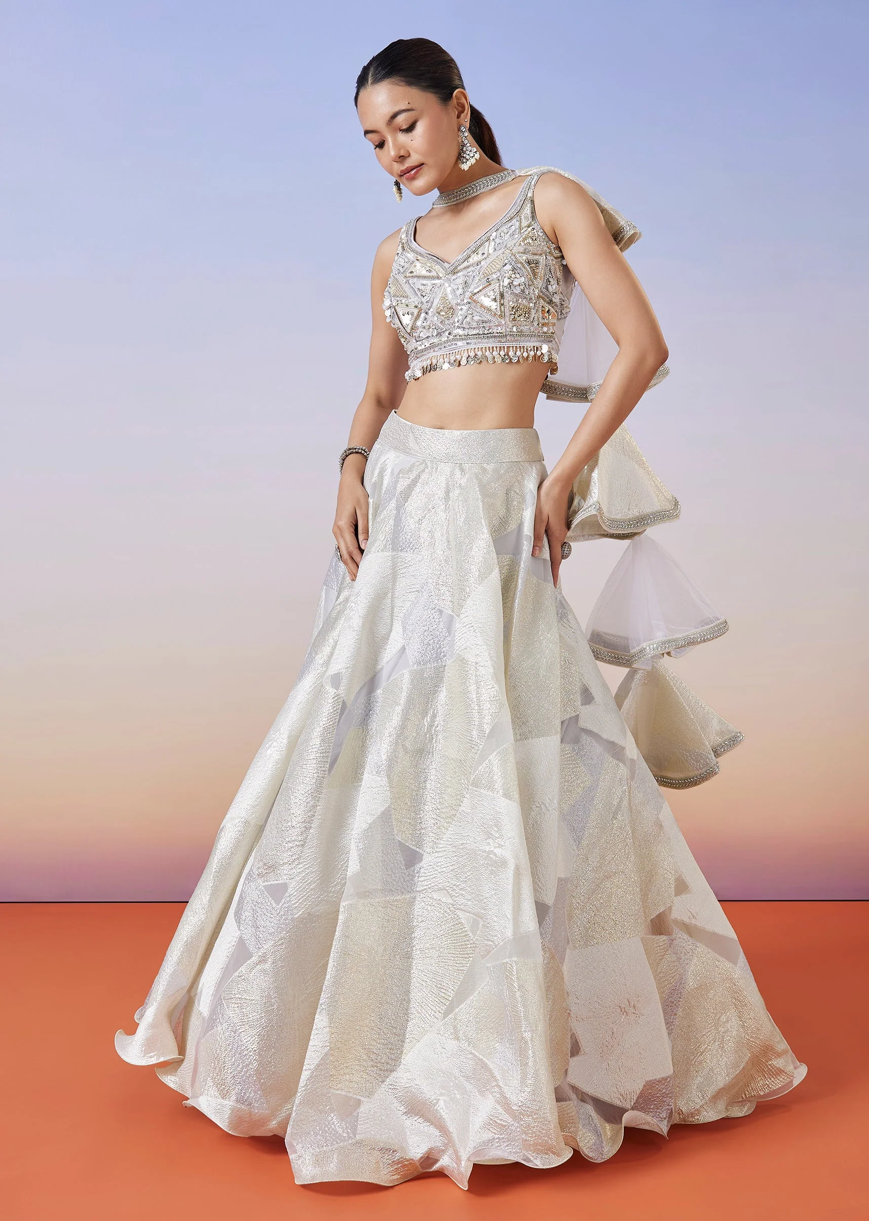 Grey Jacquard Fusion Lehenga With Dupatta
