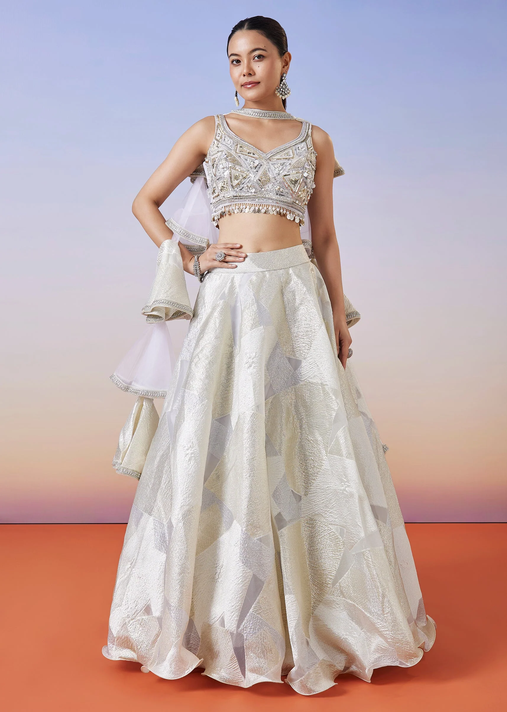 Grey Jacquard Fusion Lehenga With Dupatta - Image 4