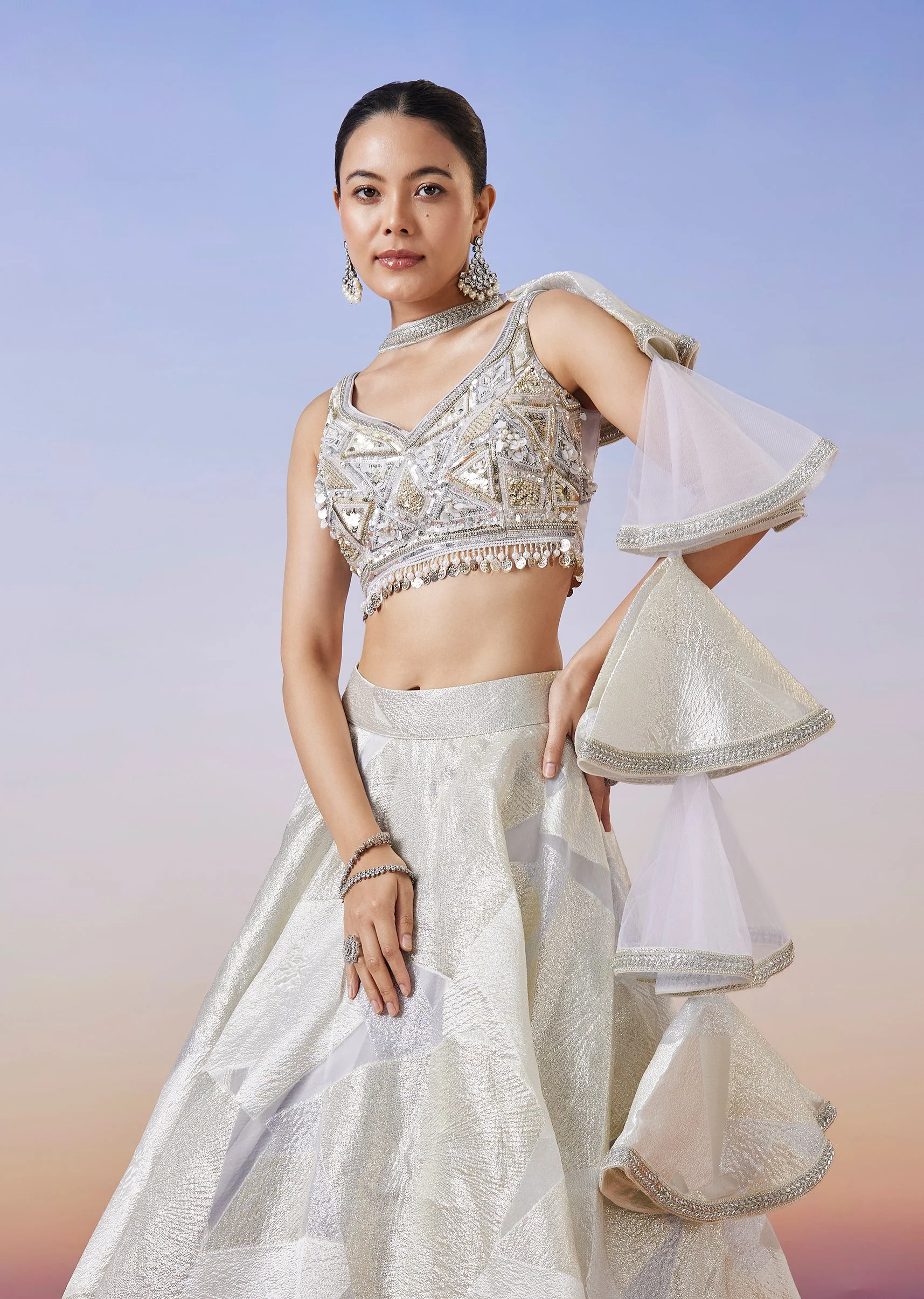 Grey Jacquard Fusion Lehenga With Dupatta - Image 5