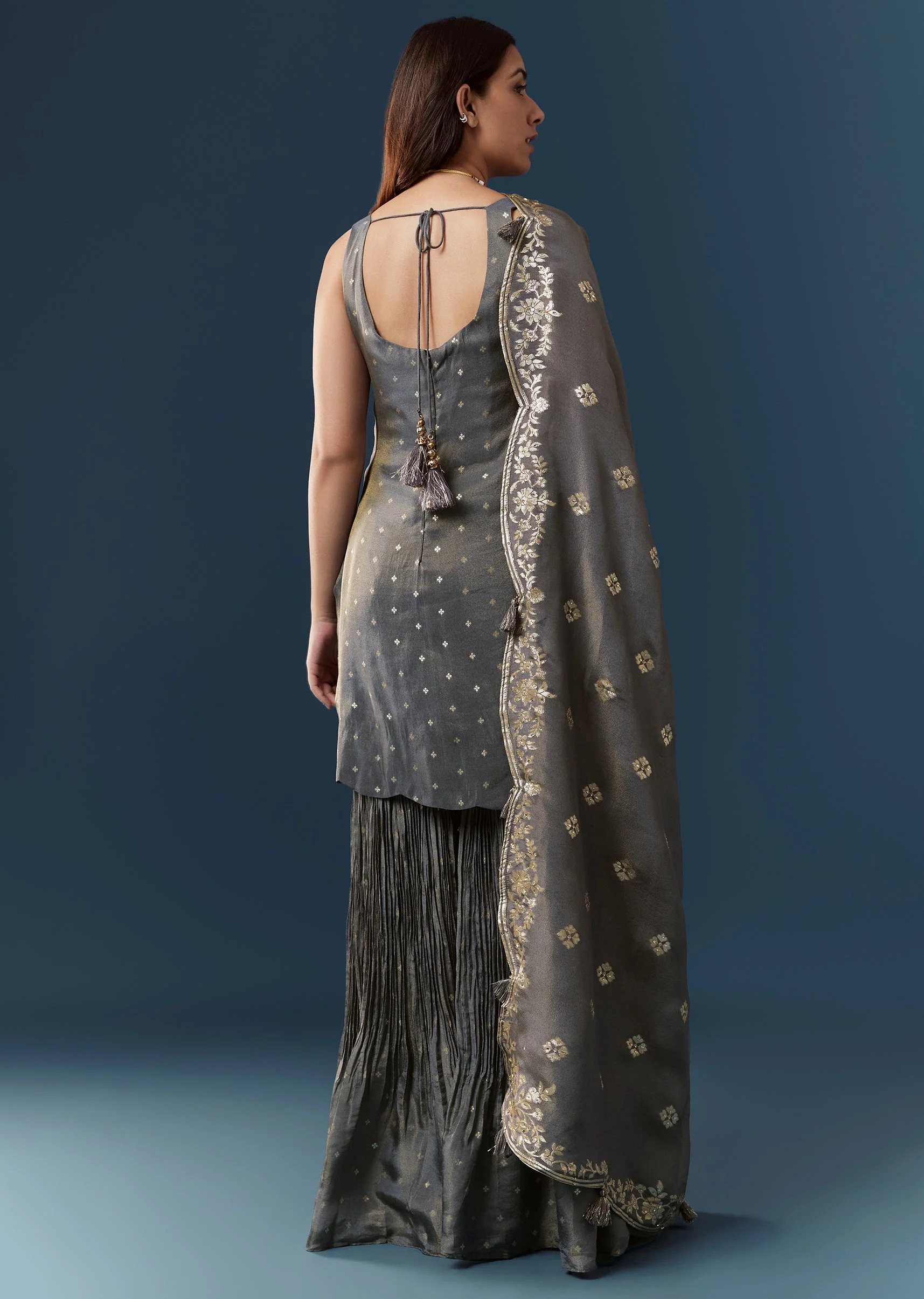 Grey Jacquard Weave Stone Work Kurta Sharara Set - Image 5