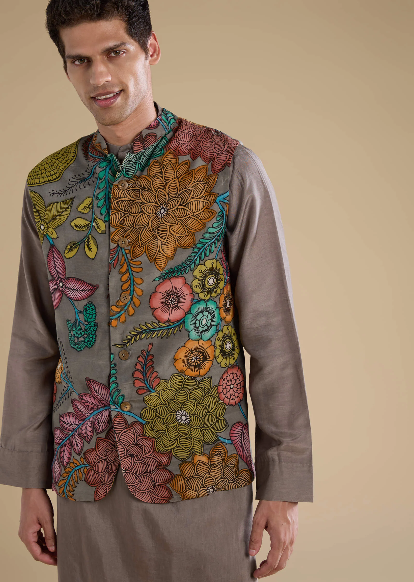 Grey Kalamkari Mens Jacket Kurta and Pant Set - Image 2