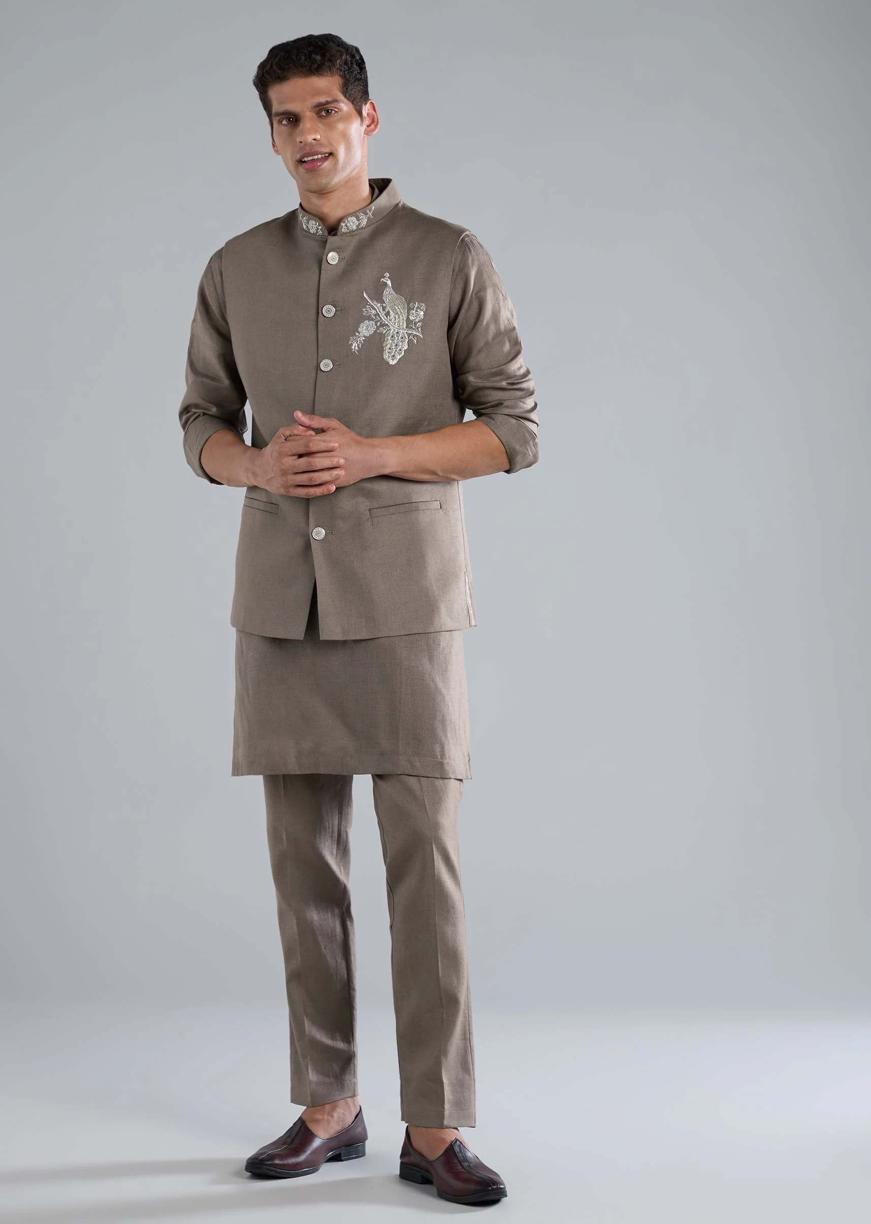 Grey Kurta Jacket Set With Zardosi Hand Work