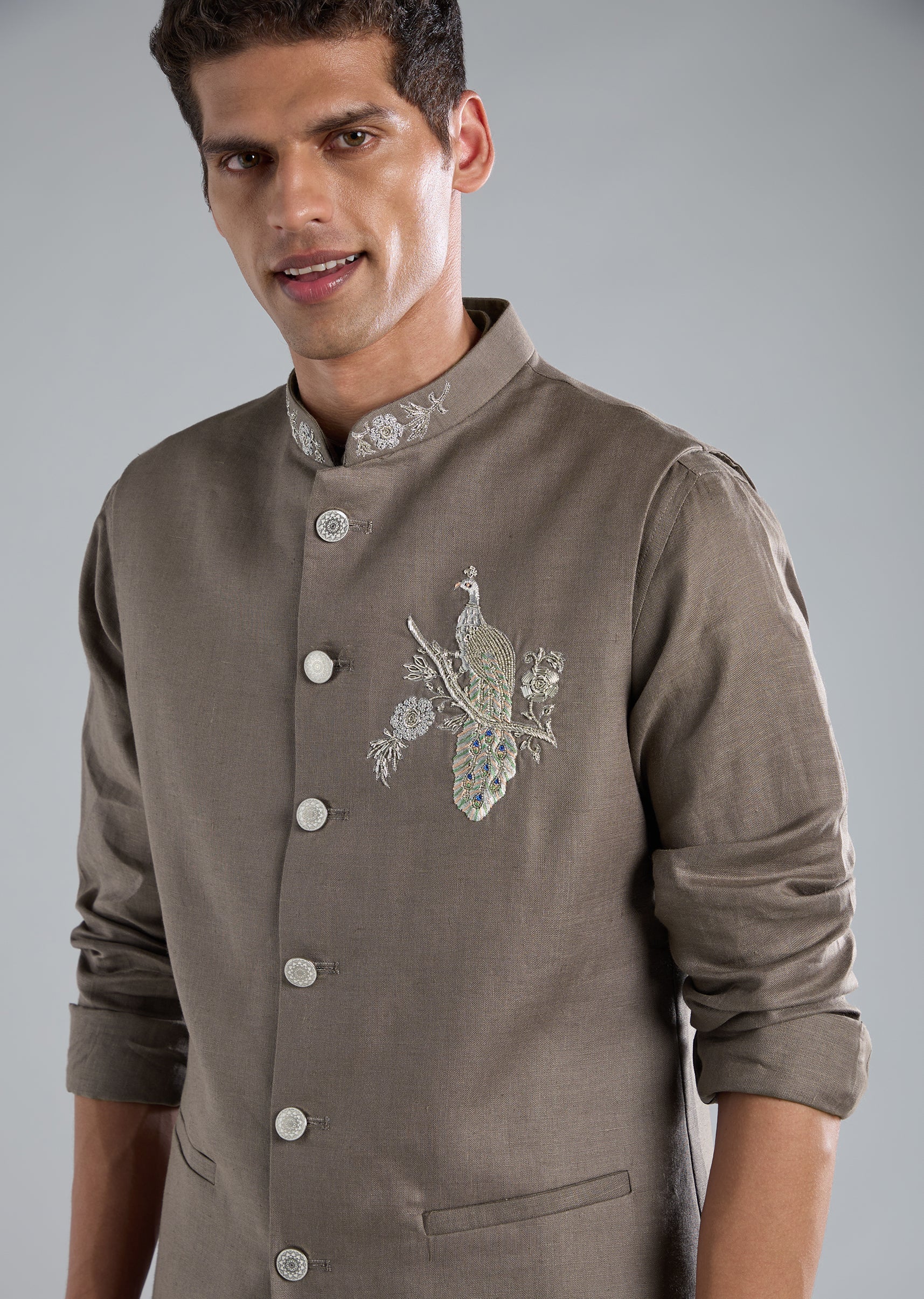 Grey Kurta Jacket Set With Zardosi Hand Work - Image 2