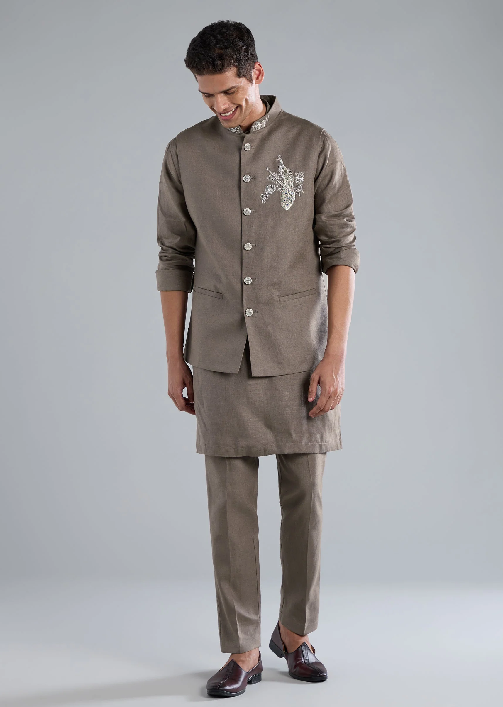 Grey Kurta Jacket Set With Zardosi Hand Work - Image 3