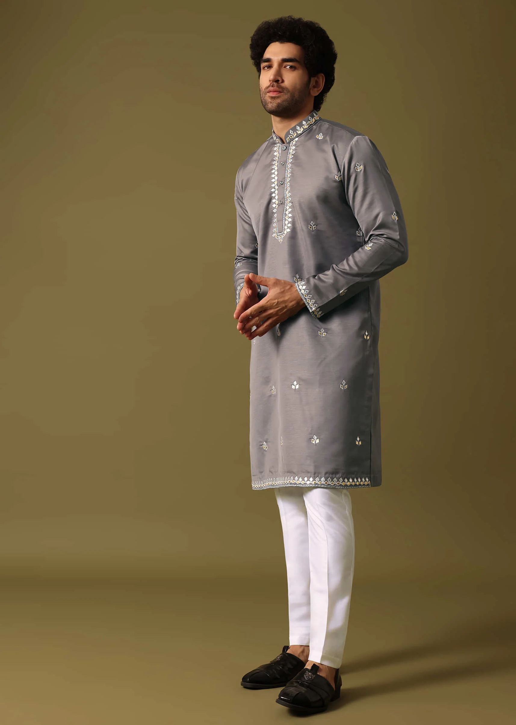 Grey Kurta Pant Set With Abla Work For Men - Image 3