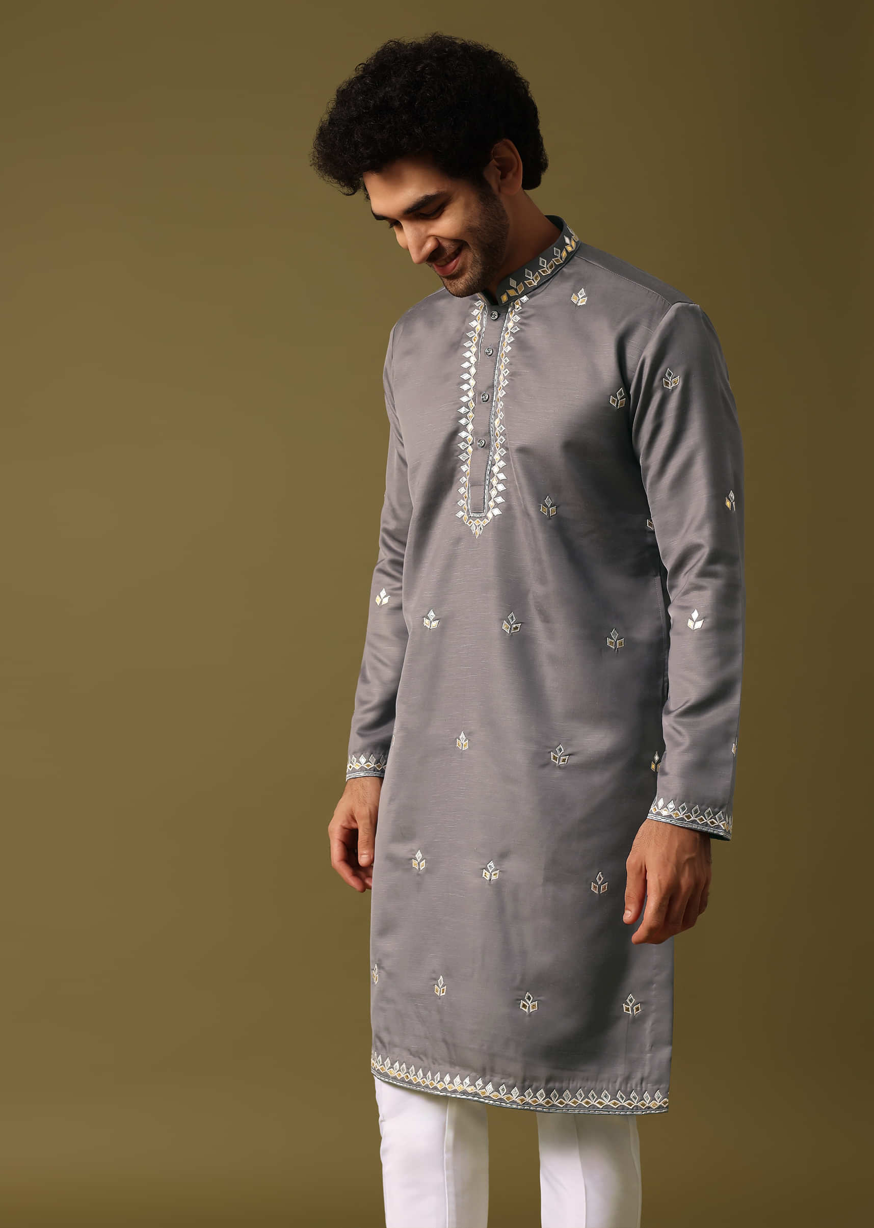 Grey Kurta Pant Set With Abla Work For Men - Image 4