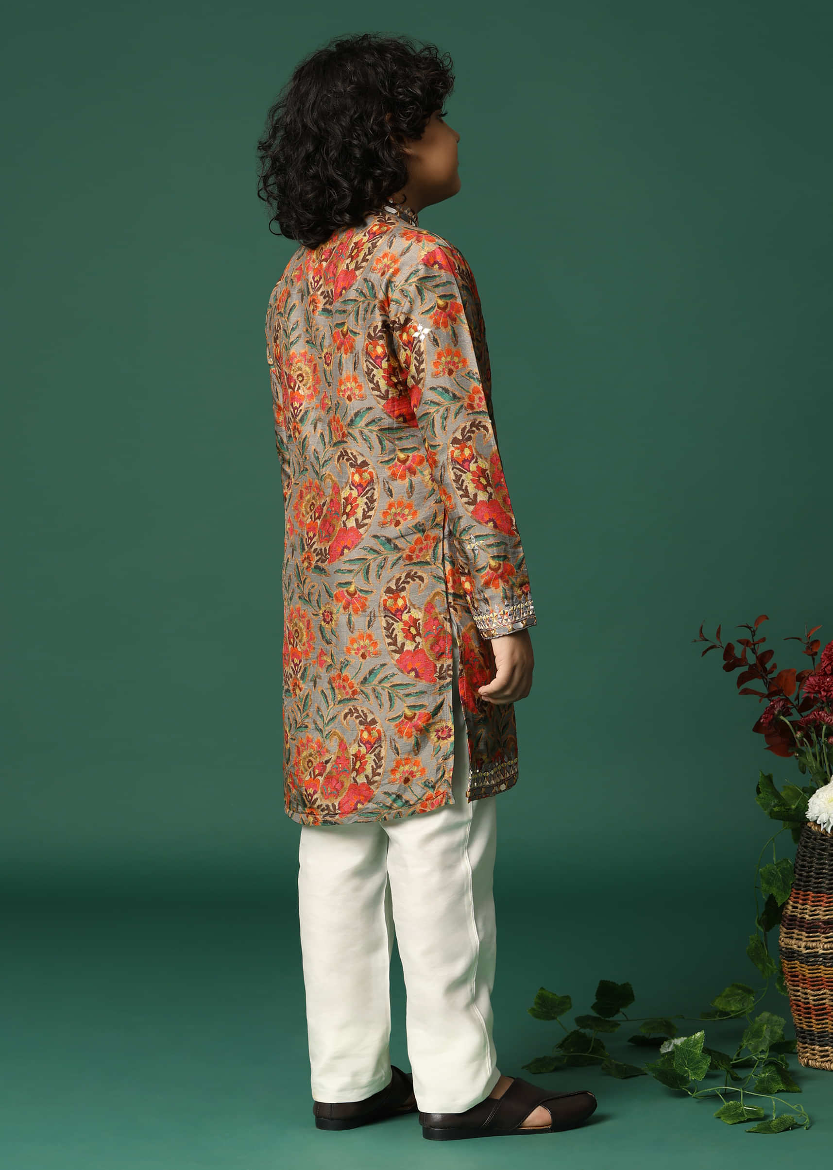 Grey Kurta Pant With Thread And Mirror Work For Boys - Image 5