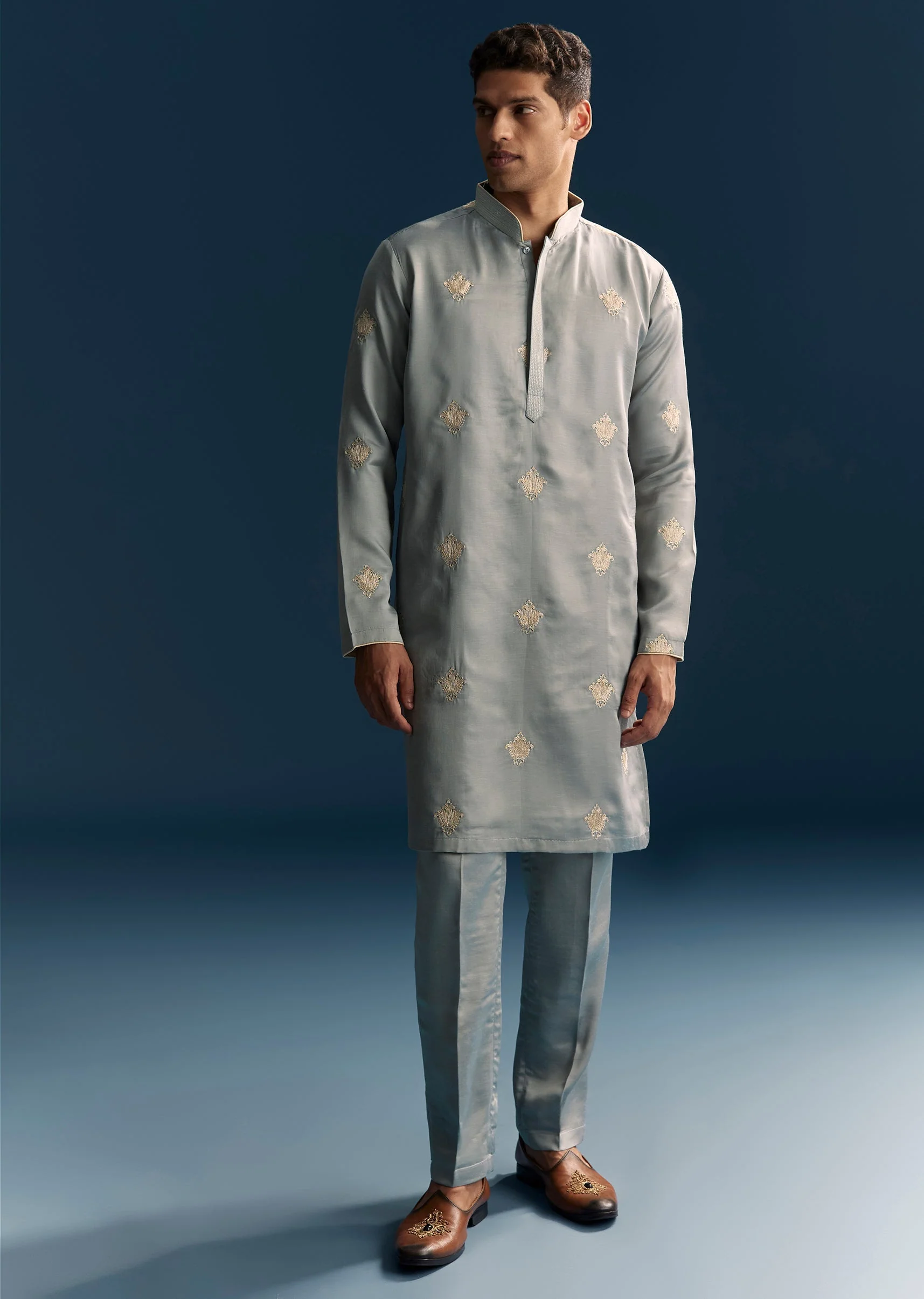 Grey Kurta Set For Men With Golden Thread Embroidery - Image 3