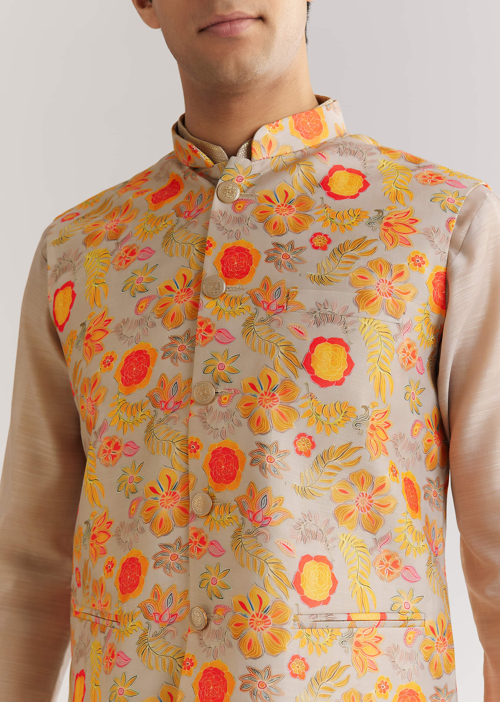 Grey Kurta Set With Floral Printed Jacket - Image 3