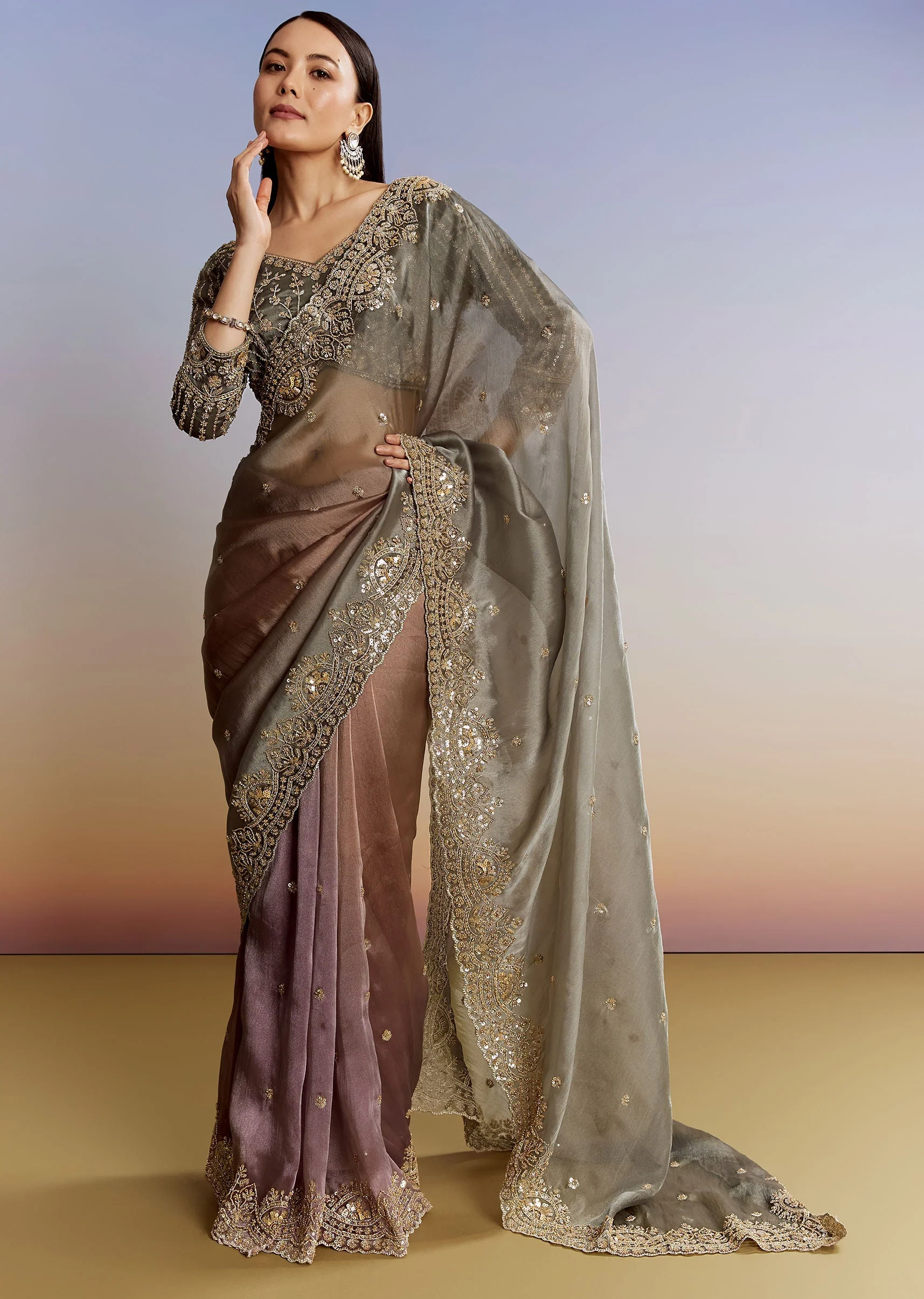 Grey Lavender Shaded Tissue Saree With Heavy Blouse Embroidery - Image 3