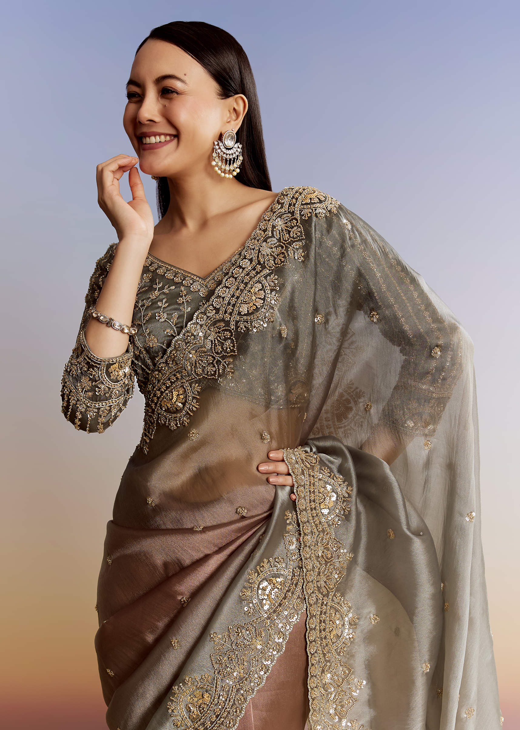 Grey Lavender Shaded Tissue Saree With Heavy Blouse Embroidery - Image 5