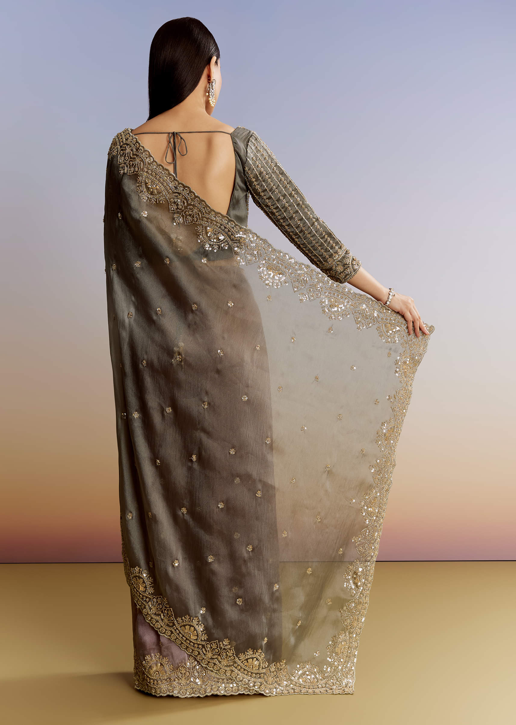 Grey Lavender Shaded Tissue Saree With Heavy Blouse Embroidery - Image 6