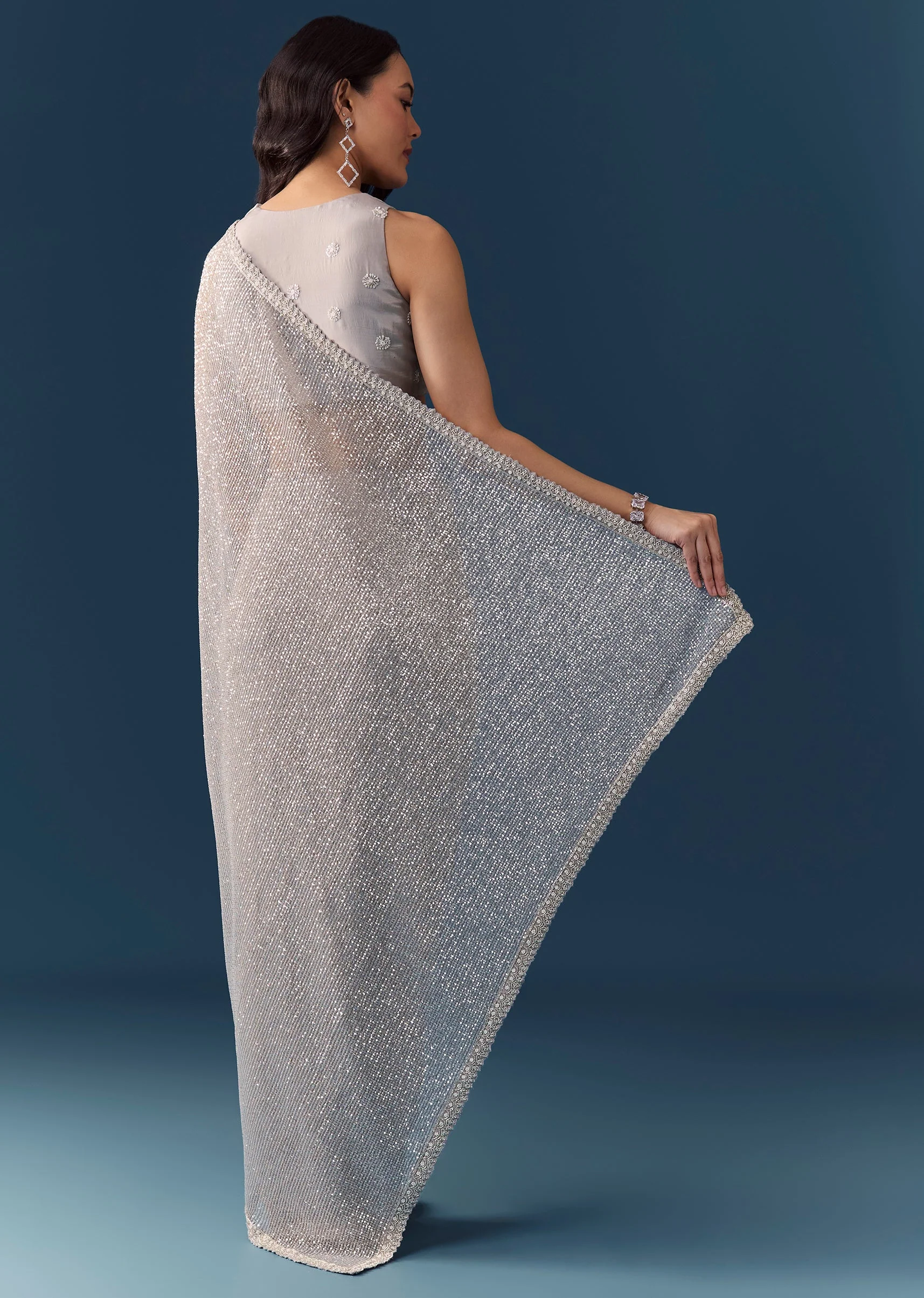 Grey Linear Hand Embellished Saree with Unstitched Blouse - Image 5