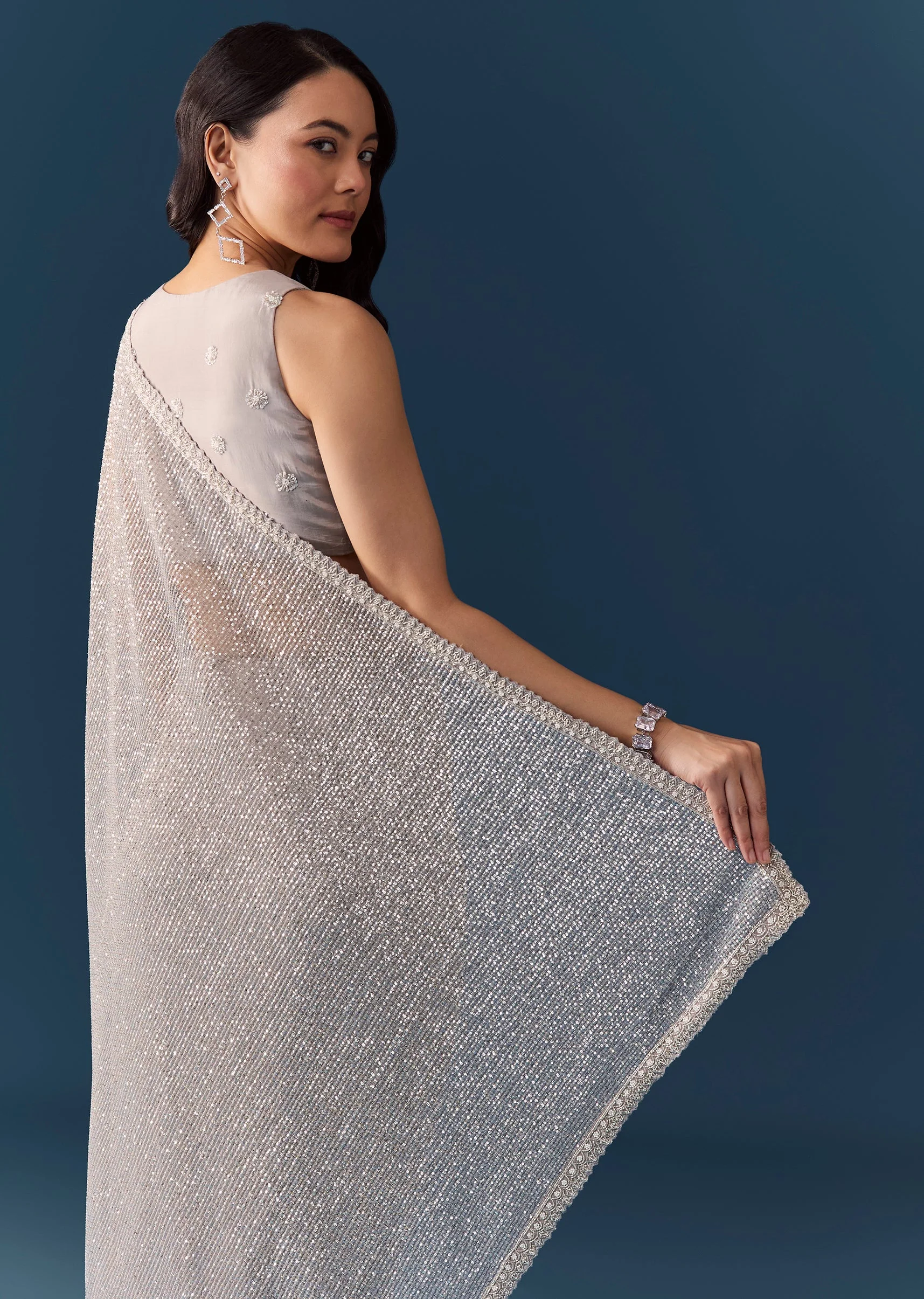 Grey Linear Hand Embellished Saree with Unstitched Blouse - Image 6