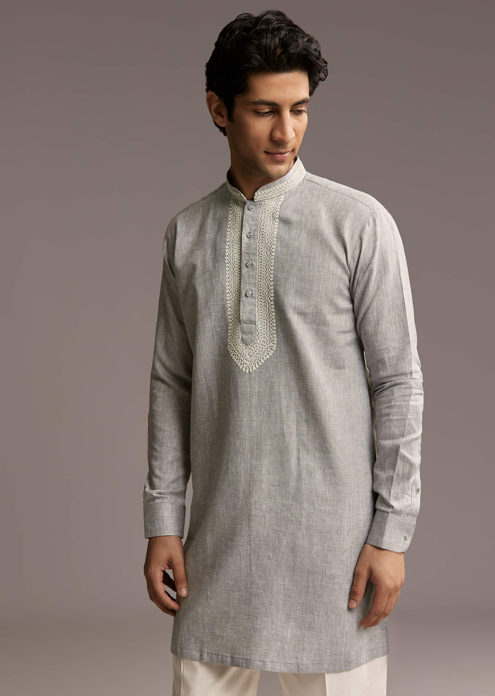 Grey Linen Kurta Set For Men With Thread And Resham Work - Image 4
