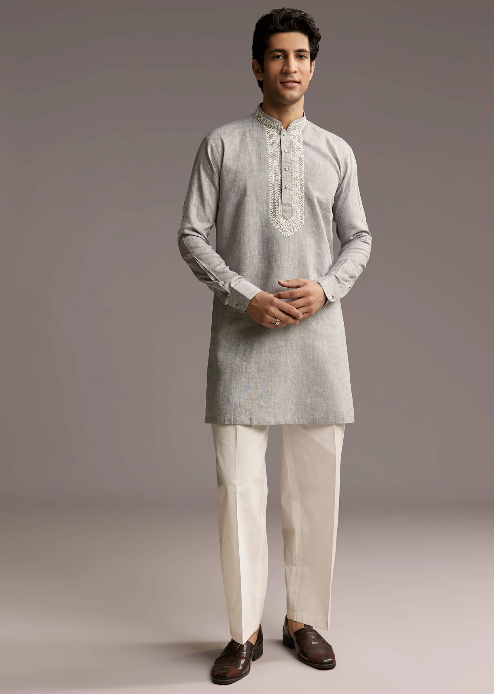 Grey Linen Kurta Set For Men With Thread And Resham Work - Image 7
