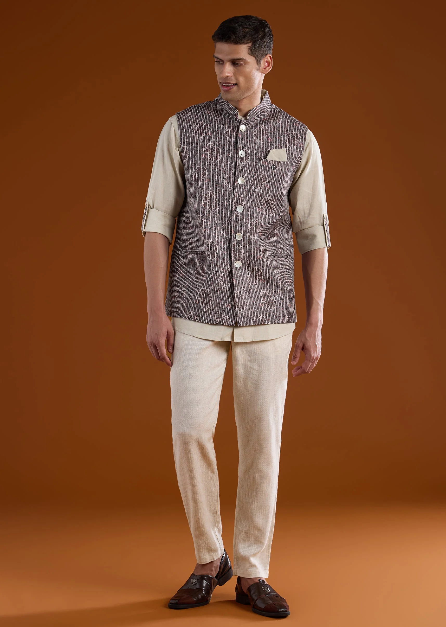 Grey Linen Printed Kurta Jacket Set
