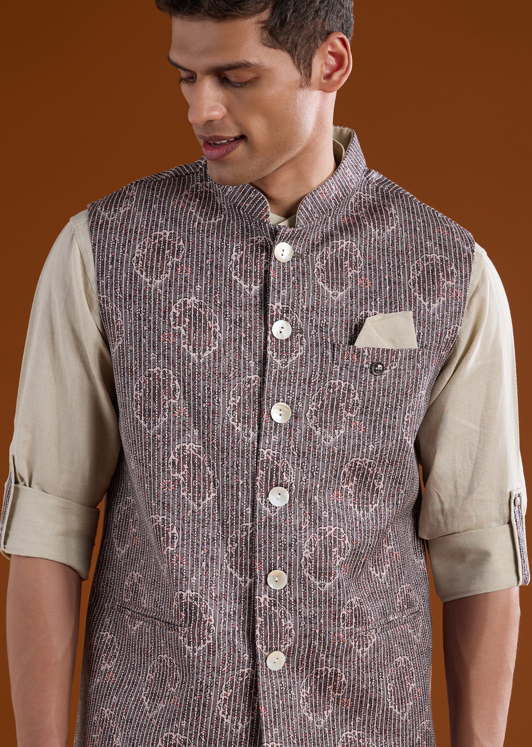 Grey Linen Printed Kurta Jacket Set - Image 2