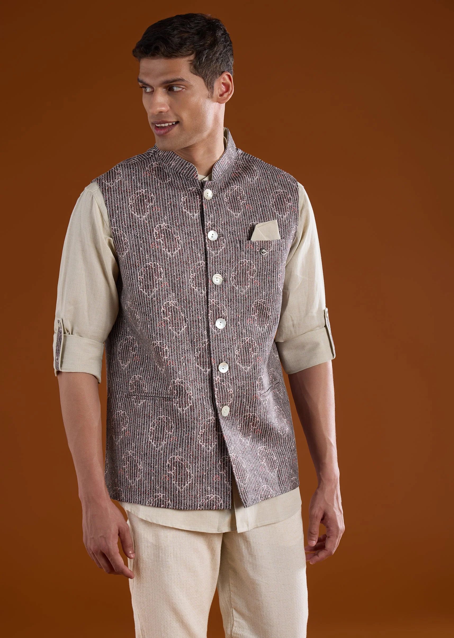 Grey Linen Printed Kurta Jacket Set - Image 3