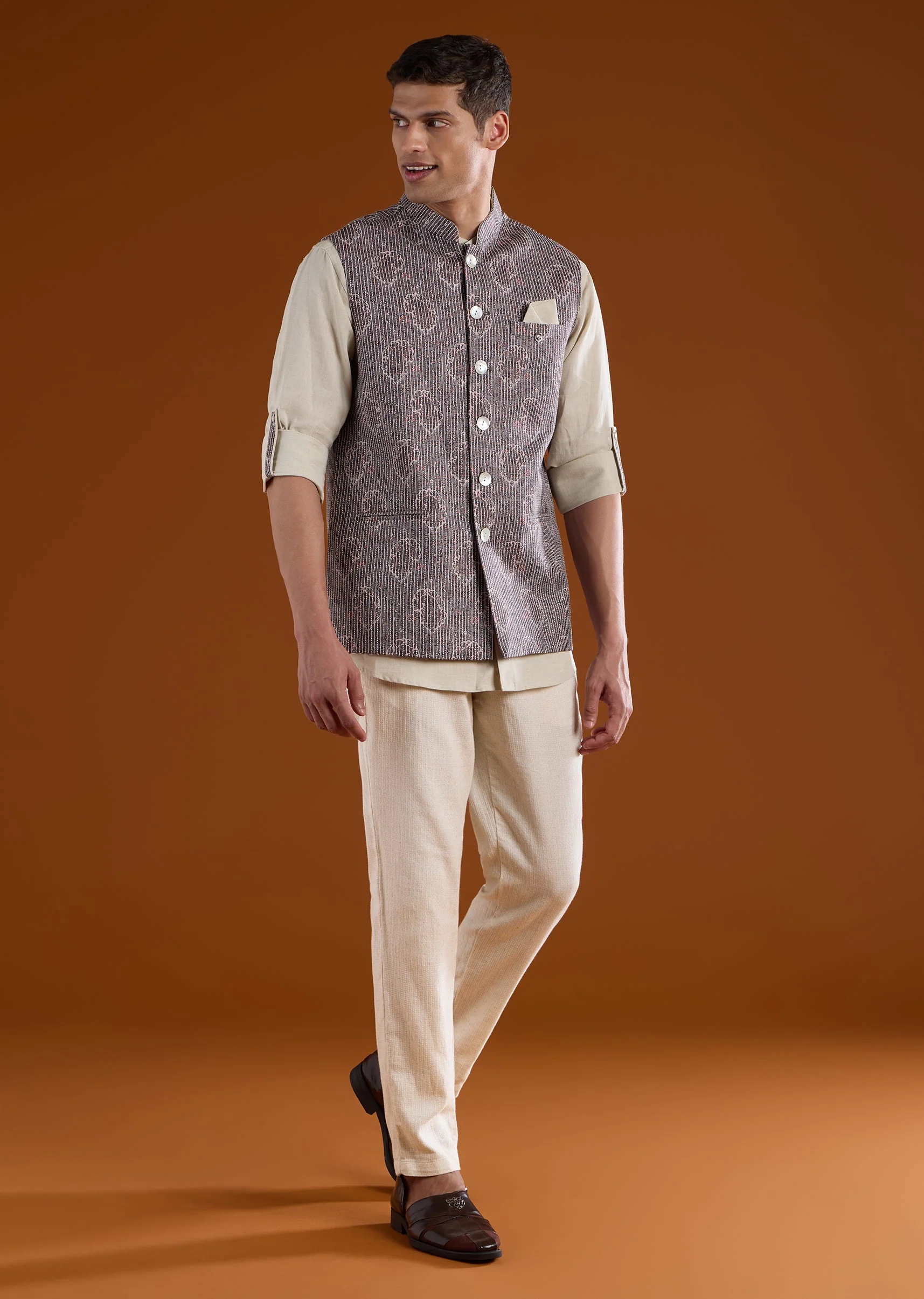 Grey Linen Printed Kurta Jacket Set - Image 4