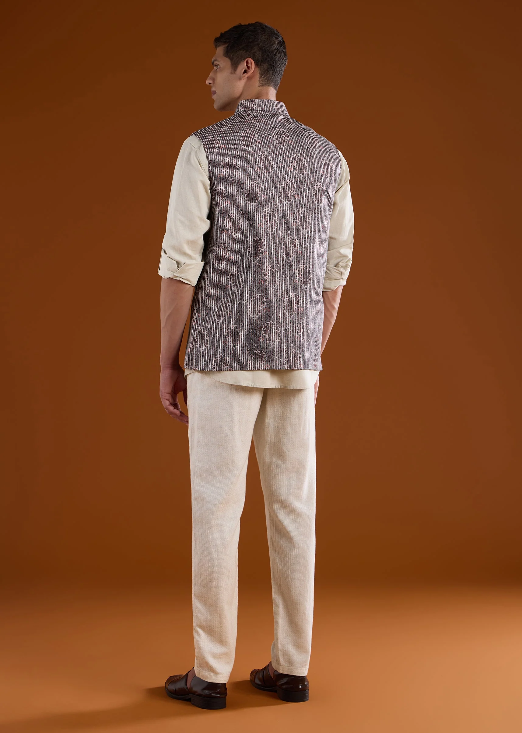 Grey Linen Printed Kurta Jacket Set - Image 5