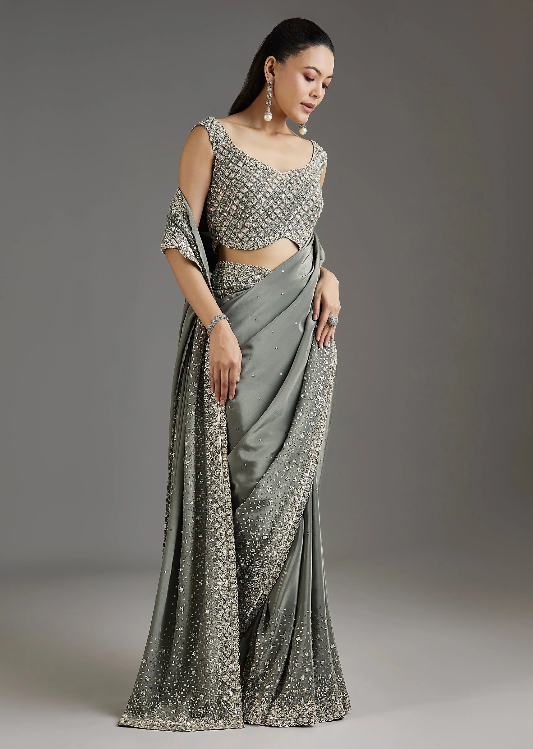 Grey Metallic Green Crepe Saree With Embellished Border - Image 3