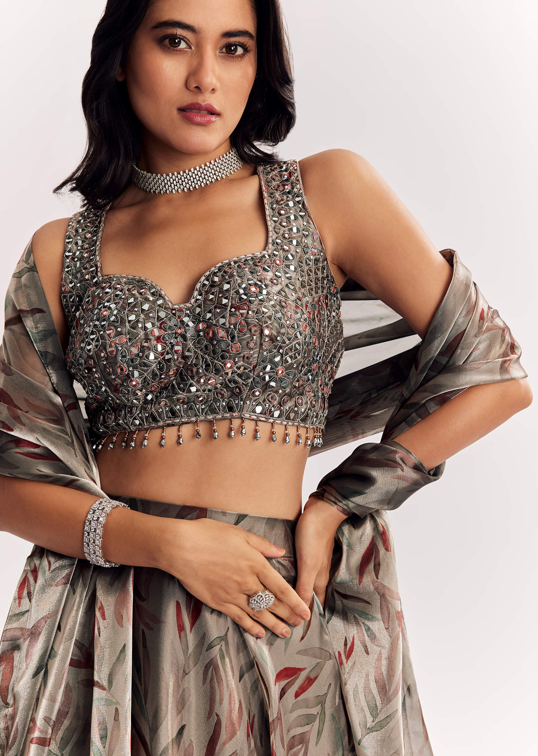 Grey Mirror Work Organza Tissue Lehenga Choli With Dupatta - Image 2