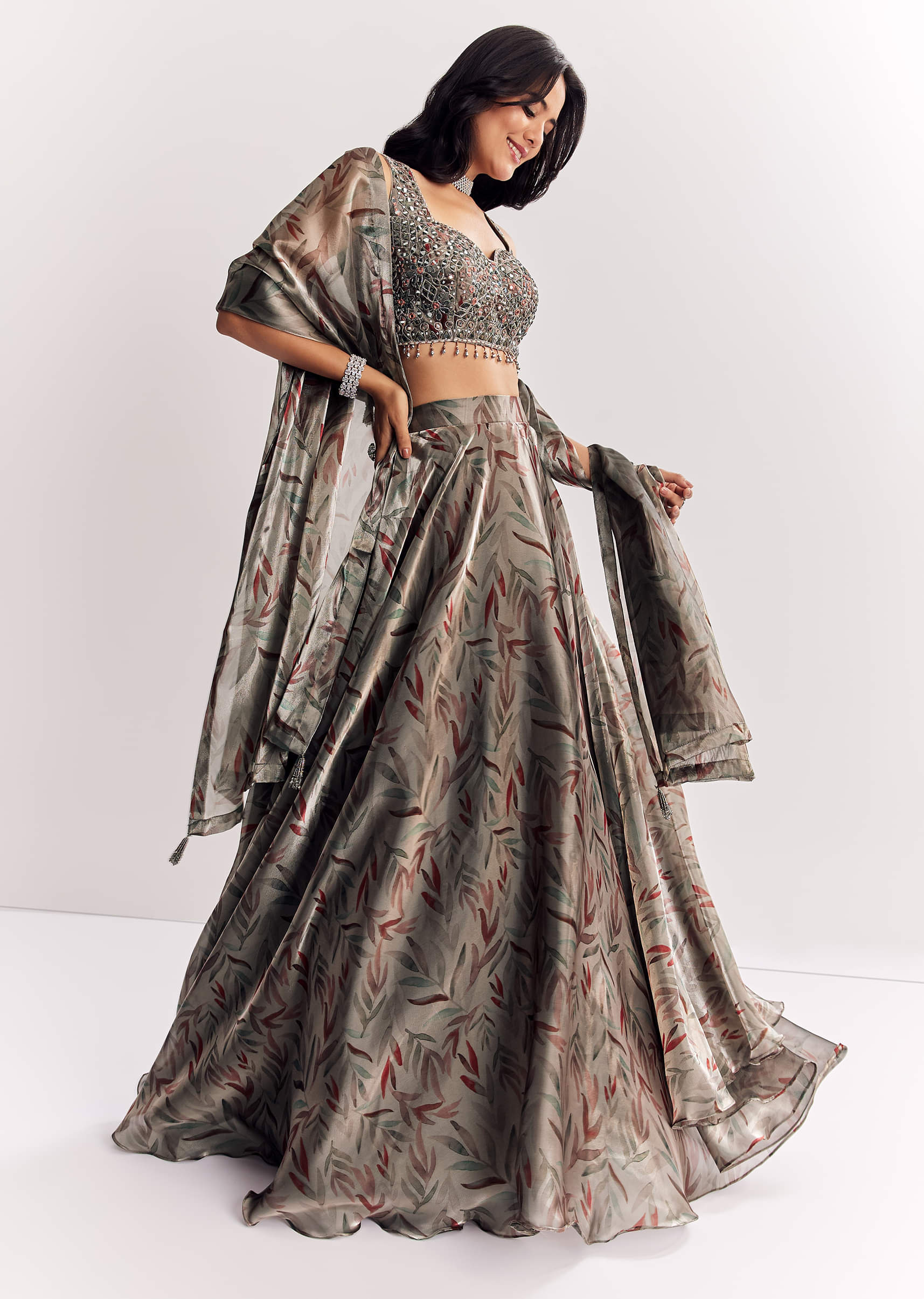 Grey Mirror Work Organza Tissue Lehenga Choli With Dupatta - Image 3