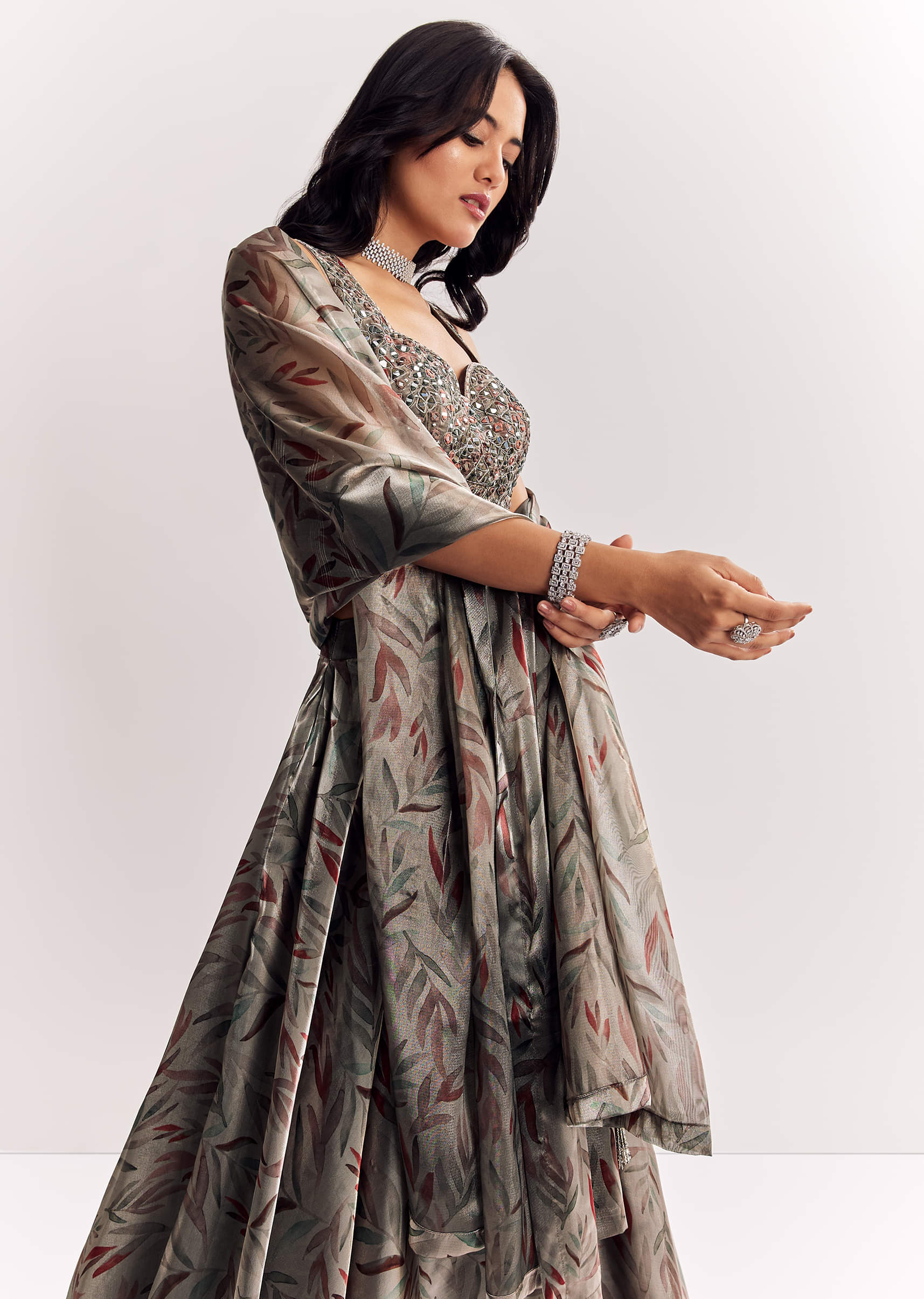 Grey Mirror Work Organza Tissue Lehenga Choli With Dupatta - Image 4