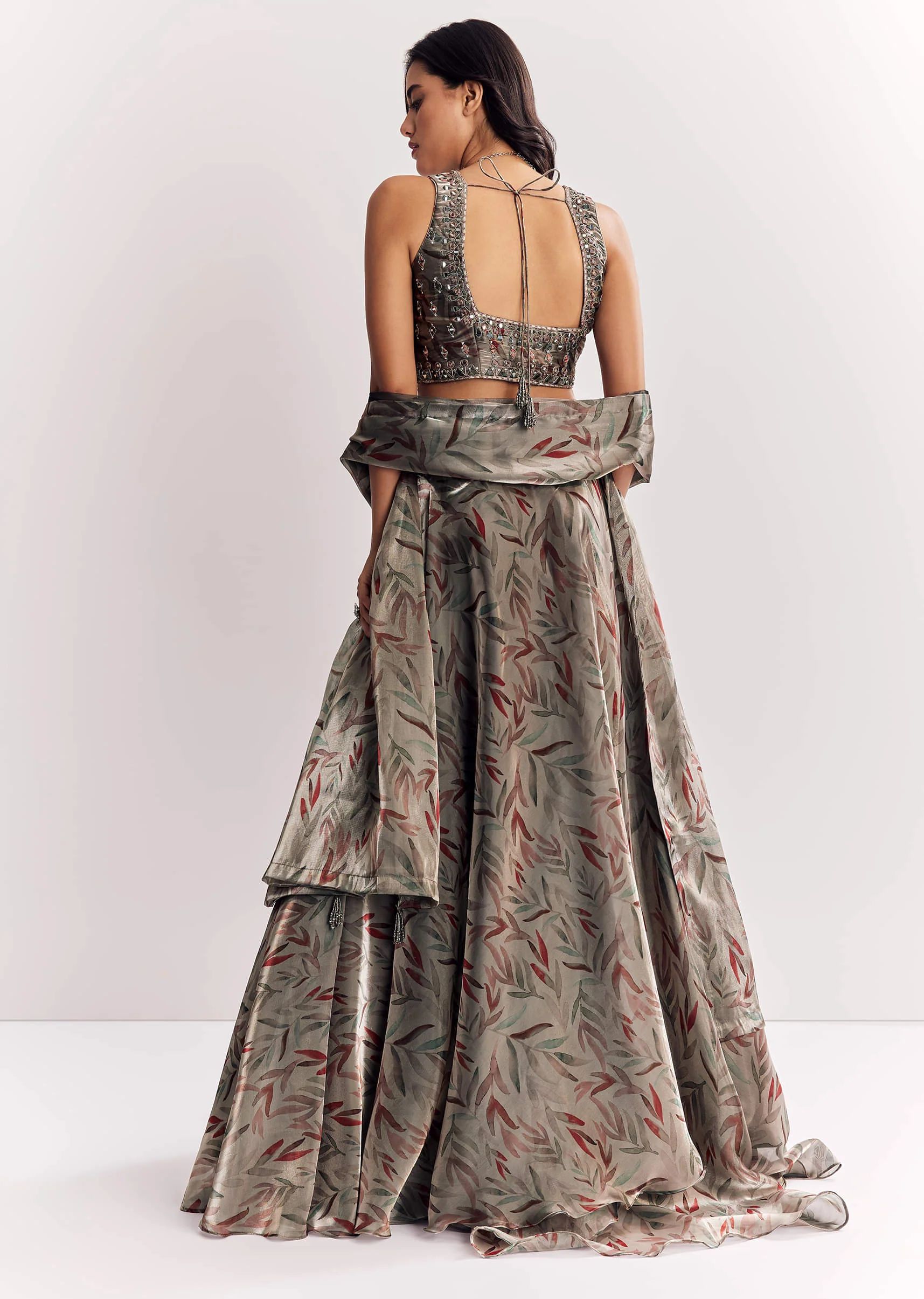 Grey Mirror Work Organza Tissue Lehenga Choli With Dupatta - Image 5