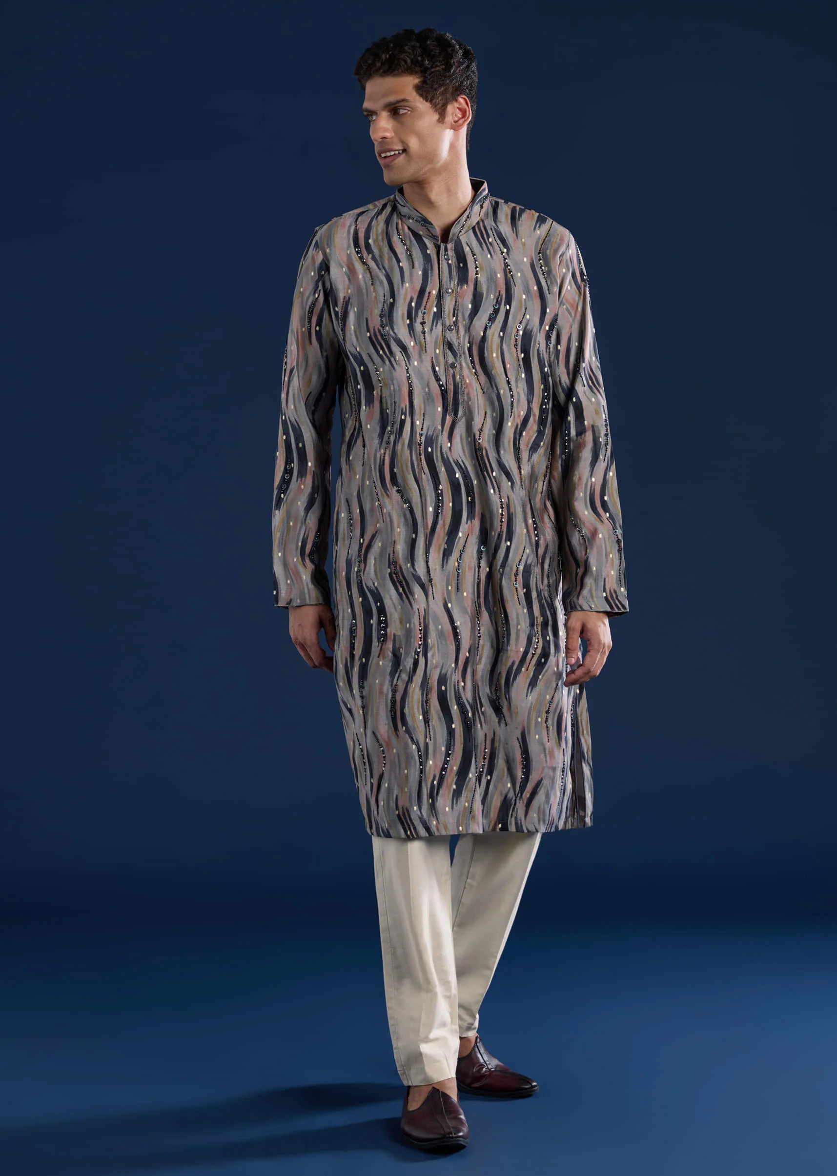 Grey Moti Embroidered Mens Kurta and Pant Set